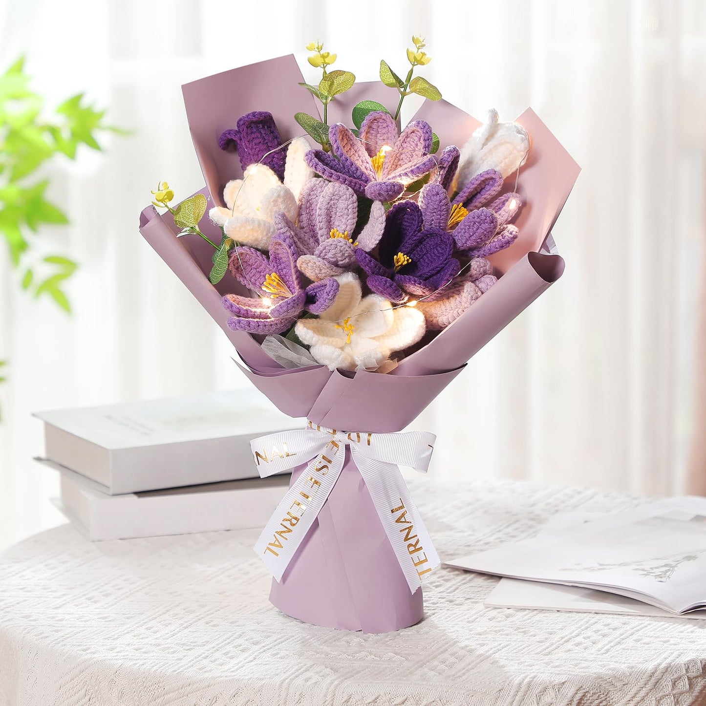 Juinte Mothers Day Crochet Flowers Bouquet Gift Completed Handmade Knitted Flowers with LED Lights Tulips Bouquet Gift for Mother Day Women Birthday Graduation Wedding Home(Purple)