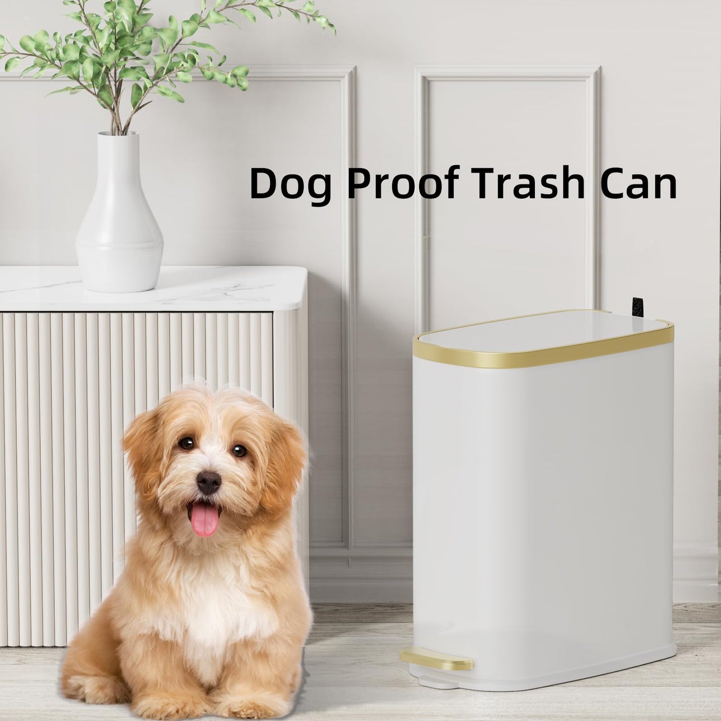 KUK Small Bathroom Trash Can with Lid Soft Close, Step Pedal, 2.6 Gal Stainless Steel Garbage Can with Removable Inner Bucket, Anti-Fingerprint Wastebasket for Office, Bedroom, Toilet (White)