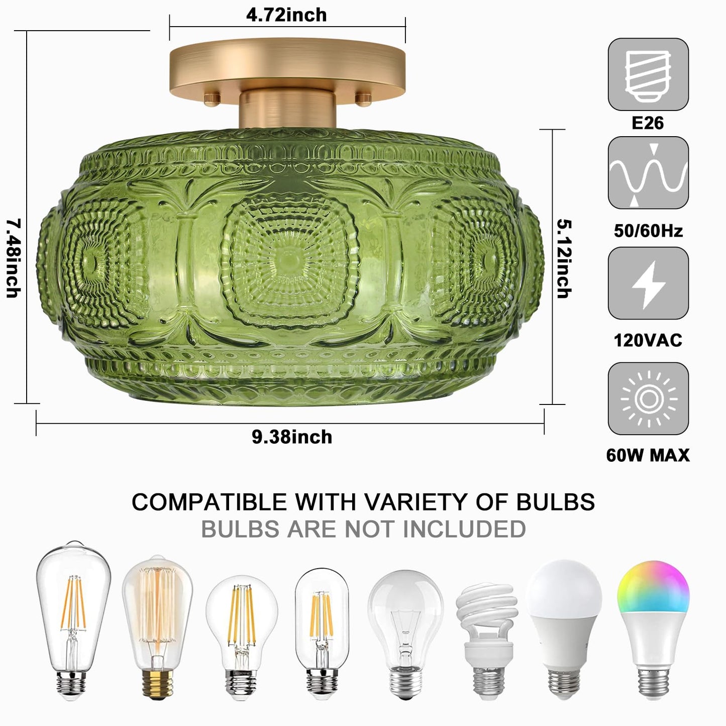 OYKYOHEI Semi Flush Mount Ceiling Light, Green Globe Glass Ceiling Light Fixture, Art Deco Kitchen Lighting fixtures Ceiling for Hallway Porch Corridor Bedroom, Bulb Not Included