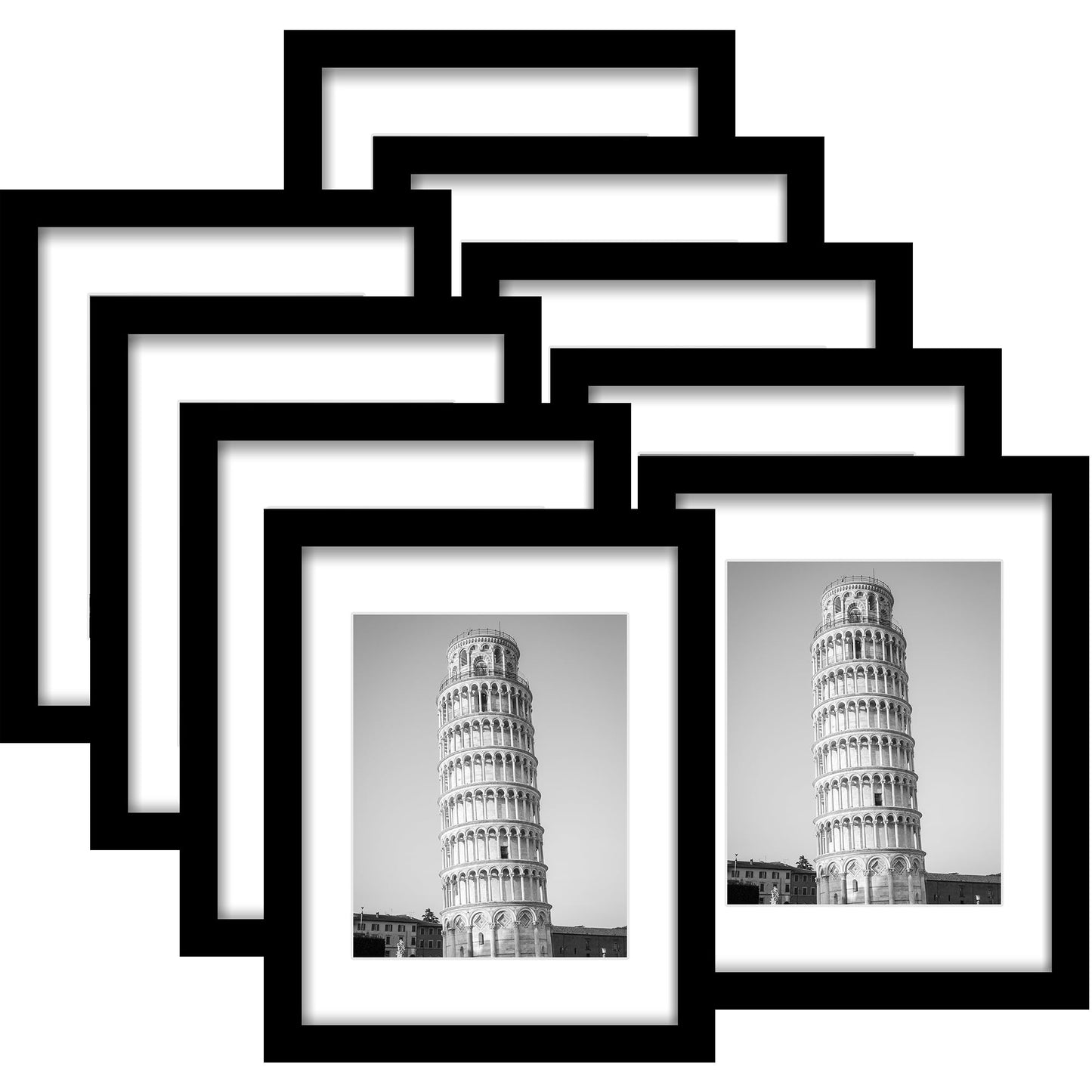 Wiscet 11x14 Picture Frame Set of 9, Display Pictures 8x10 with Mat or 11x14 without Mat, Photo Frame for Wall Mounting or Tabletop Display, Black.