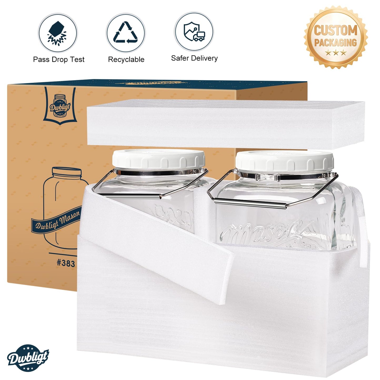 Dwbligt 2 Pack 1.5 Gallon Glass Jar With Airtight Lid, Large Mason Jars Wide Mouth with Scale Marks, Big Glass Storage Containers with Heavy-duty Handles & Non-slip Bases - for Flour, Pickling (192Oz