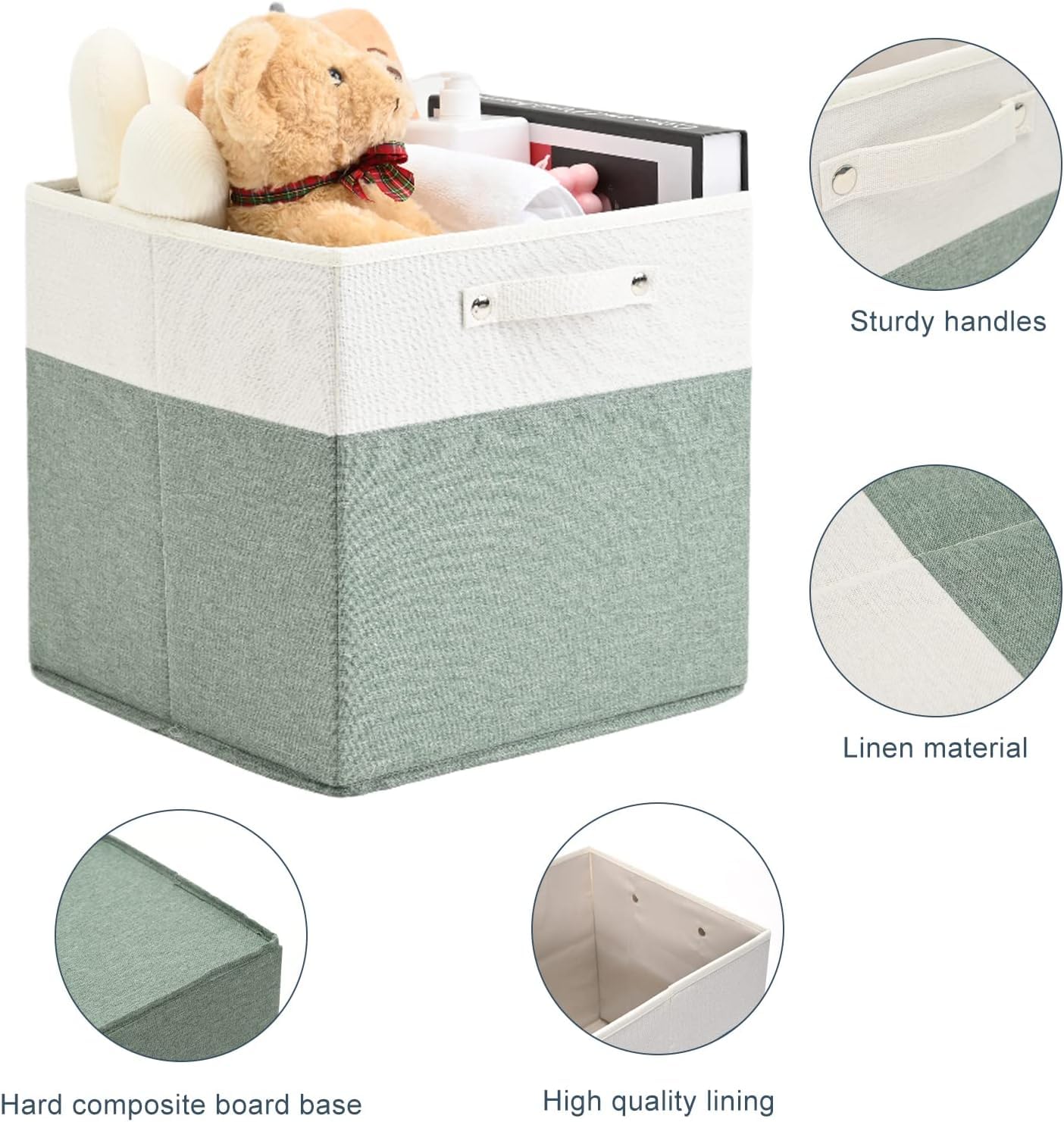 FinishingBo 13 x 13 Inch Fine Linen Storage Bins with Handles，Fabric Cube Boxs，Basket Organizers for Shelves for Home, Closet Drawers (White/Green-6 Pack)
