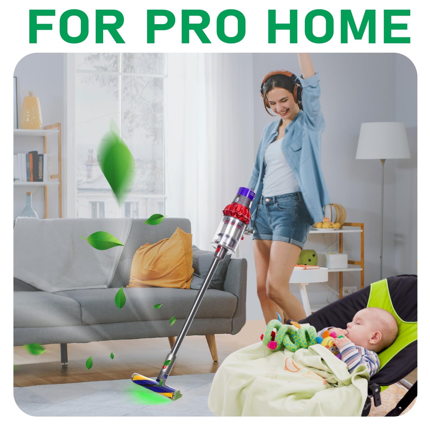 Klypticfit Soft Roller Cleaner Head Replacement Compatible with Dyson V8 V10 V15 Cordless Vacuums, Fluffy Hard Floor Brush Attachment with Green LED Optic Light & Trigger Lock