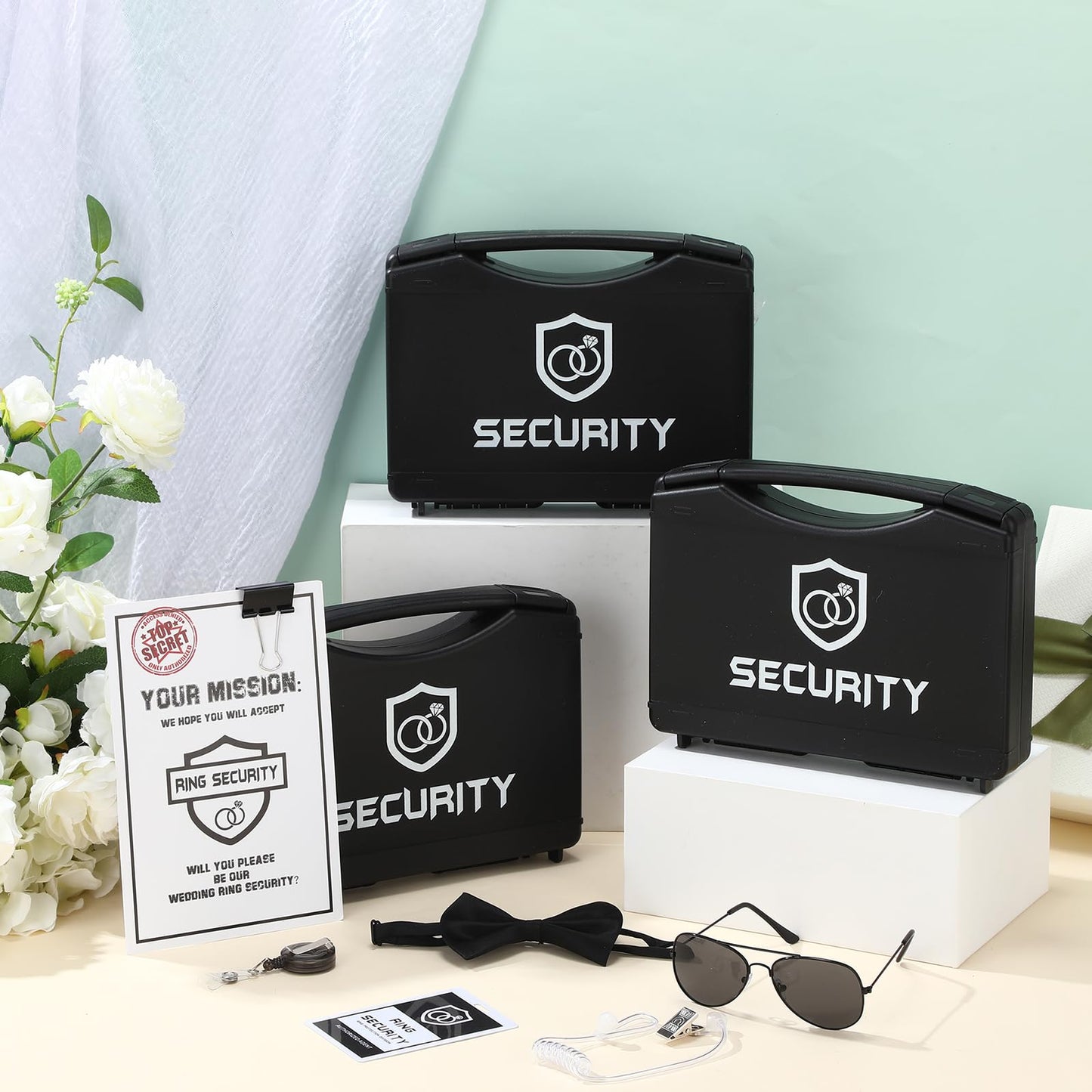 Mepase 21 Pcs Ring Wedding Bearer Security Set Include Ring Bearer Box ID Badge Holder Sunglass Acoustic Earpiece Tube Mission Card with Binder Clip Bow for Kids (Pp Suitcase)