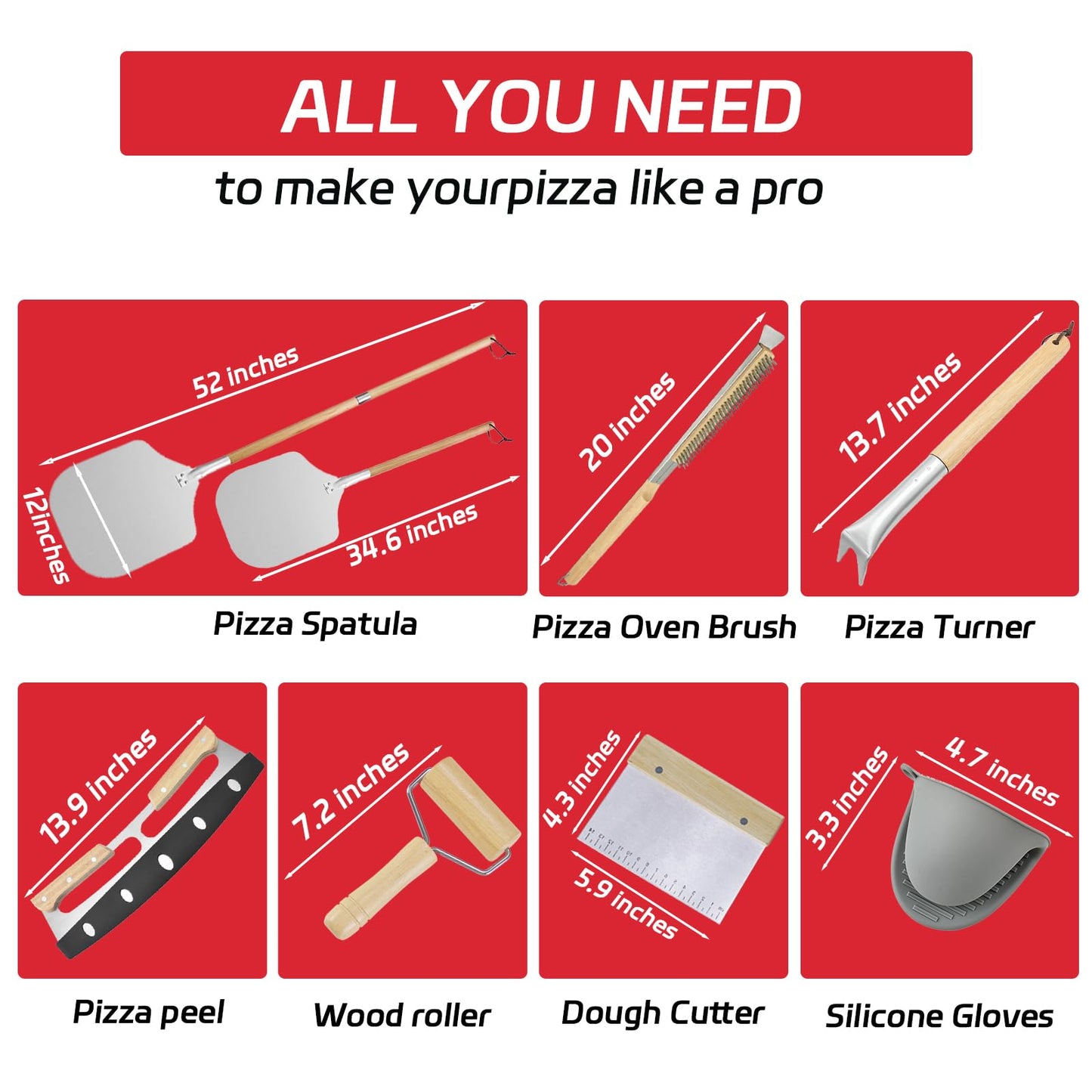 7PCS Pizza Oven Accessories Kit – Premium Pizza Making Tools Set for Home & Outdoor Ovens – Includes Pizza Peel, Oven Brush, Bubble Popper Turner, Rocker Cutter, Dough Roller & Scraper