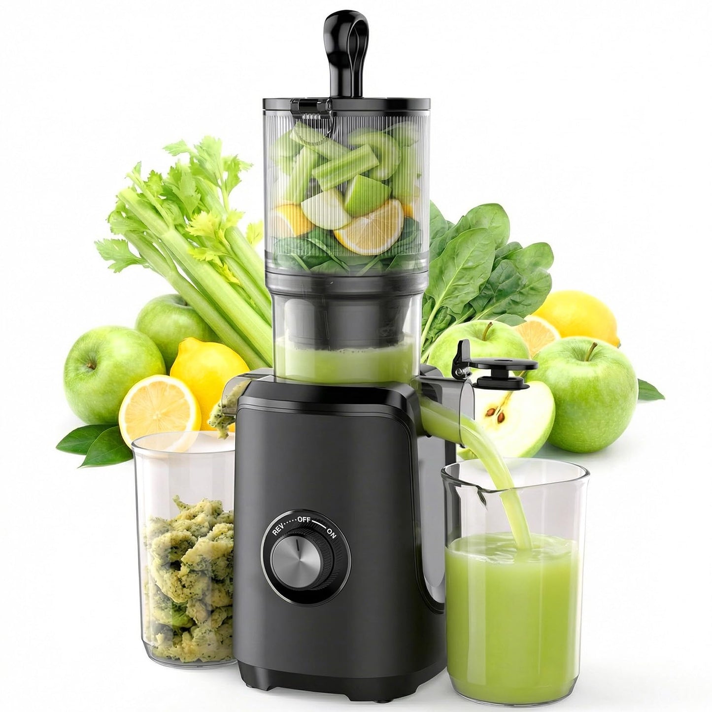 KMFurnila Slow Masticating Juicer Machines, Cold Press Juicer with Safety Lock & Reverse Function, 4.25" Feed Chute for Whole Fruits & Vegetables, High Juice Yield, Black