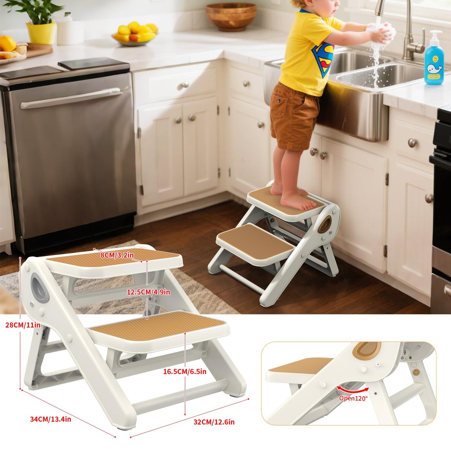 Toddler Step Stool, iNeibo 2-Step Foldable Step Stool for Kids, Widened & Thickened with Anti-Slip Design, Safer for Children Use for Kitchen, Bathroom, Toilet Training - Brown