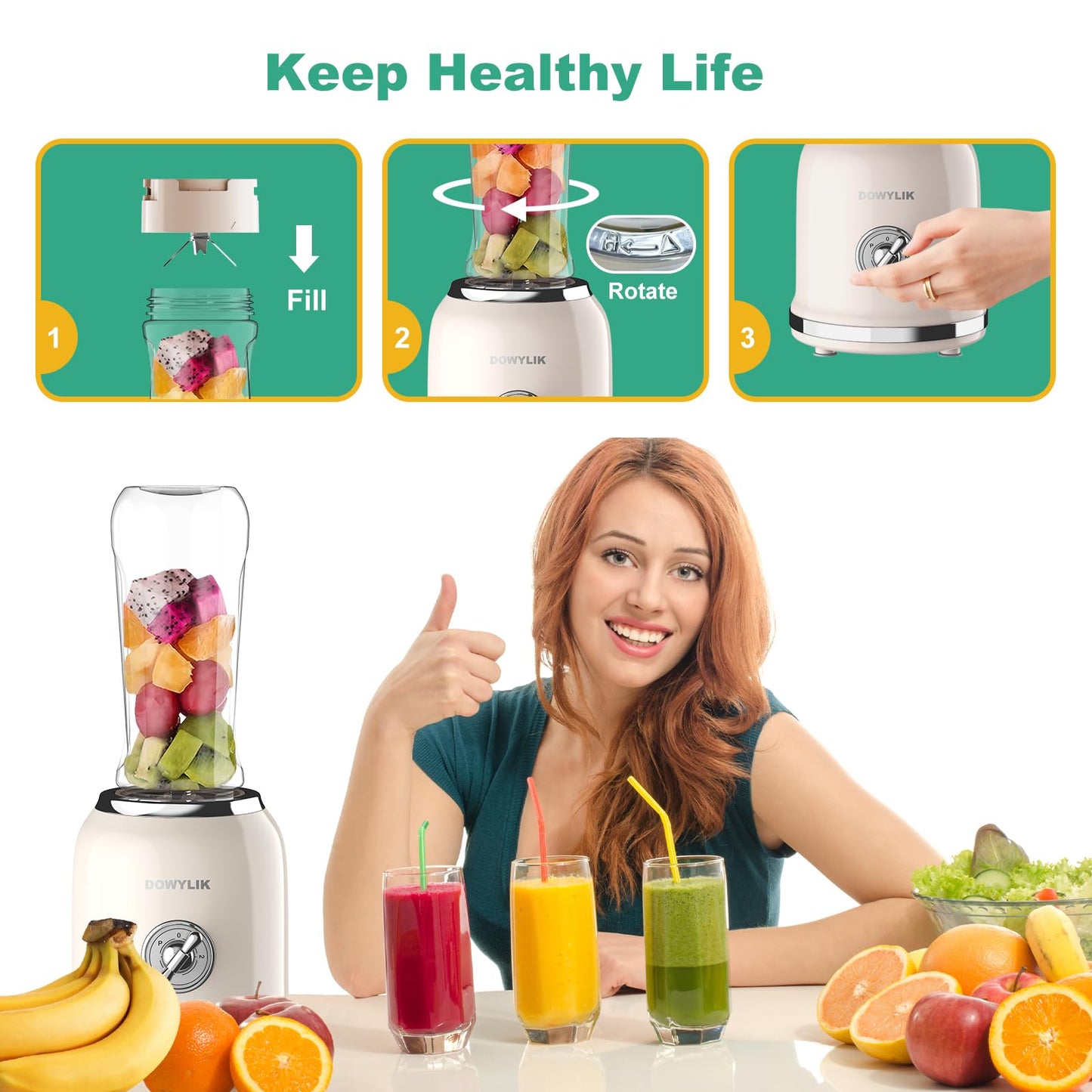 DOWYLIK Personal Retro Protein Drink Blender, 3 Speed Small Blender for Smoothies, Maker with 6-Edge Blade and 2 * 20oz BPA Free Travel Cups