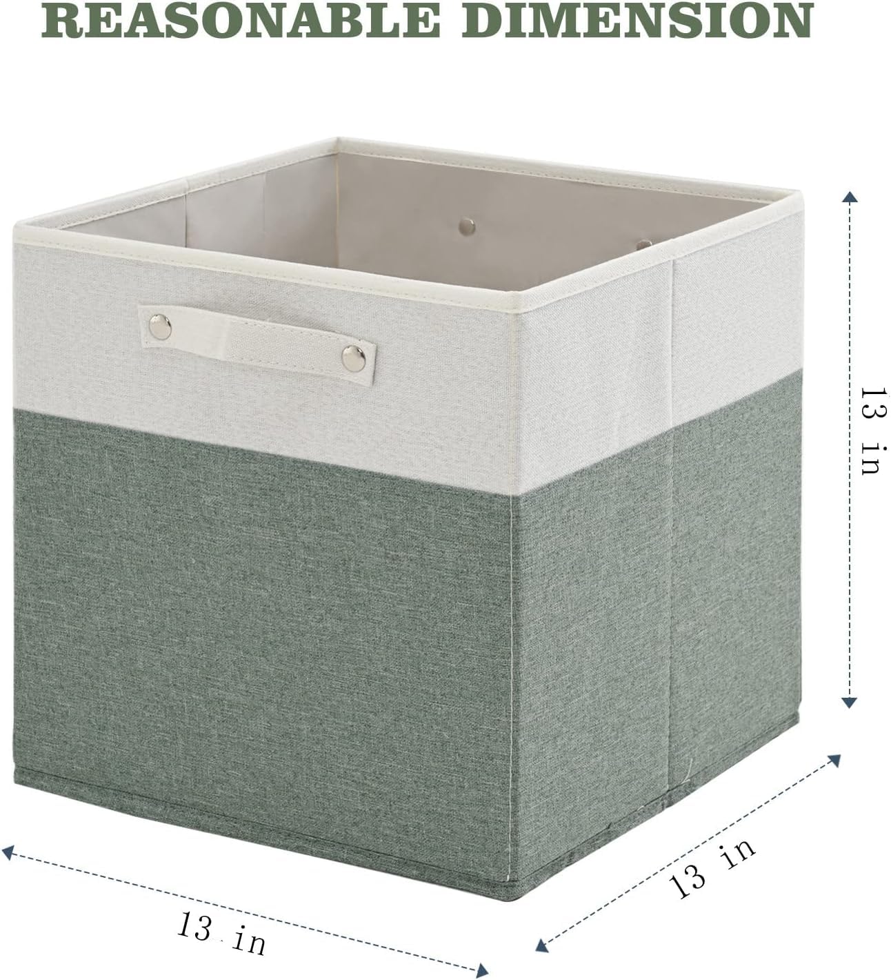 FinishingBo 13 x 13 Inch Fine Linen Storage Bins with Handles，Fabric Cube Boxs，Basket Organizers for Shelves for Home, Closet Drawers (White/Green-6 Pack)