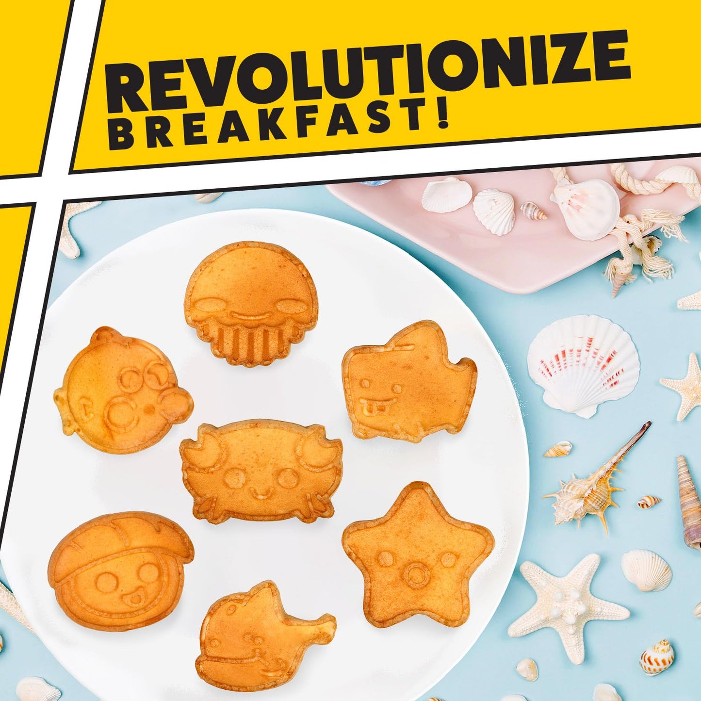 Sea Creature Mini Waffle Maker- Summer Fun, Make 7 Different Ocean Animal Shapes in Minutes- Cool for Kids & Adults w Novelty Aquatic Pancakes- Electric Non-Stick Waffler Iron, Quick & Easy Breakfast