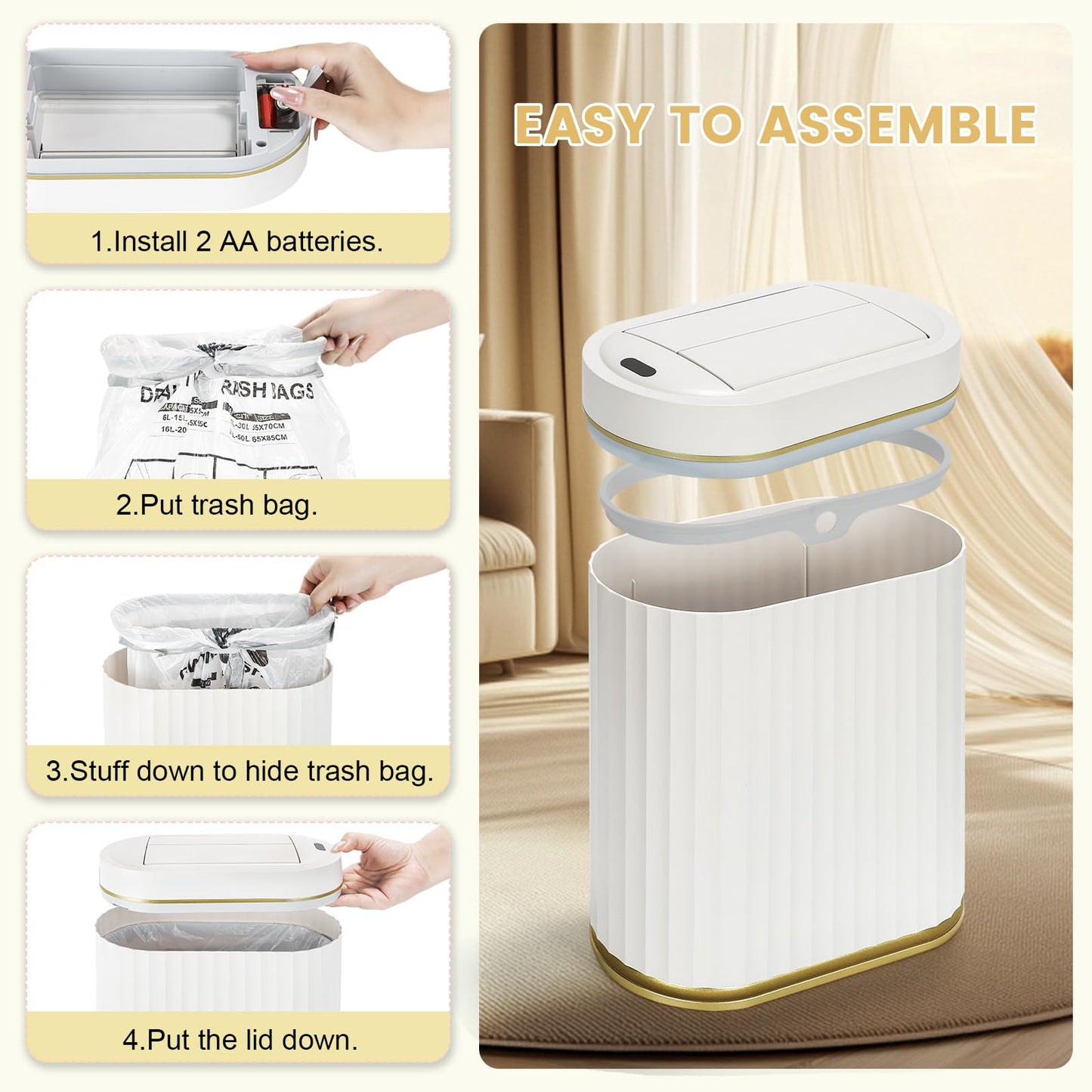 ELPHECO Bathroom Trash Can with Lid Butterfly, Motion Sensor Trash Can Bathroom Decor Automatic Garbage Can Wastebasket Bathroom Accessories, Kitchen, Living Room, Office, White Gold