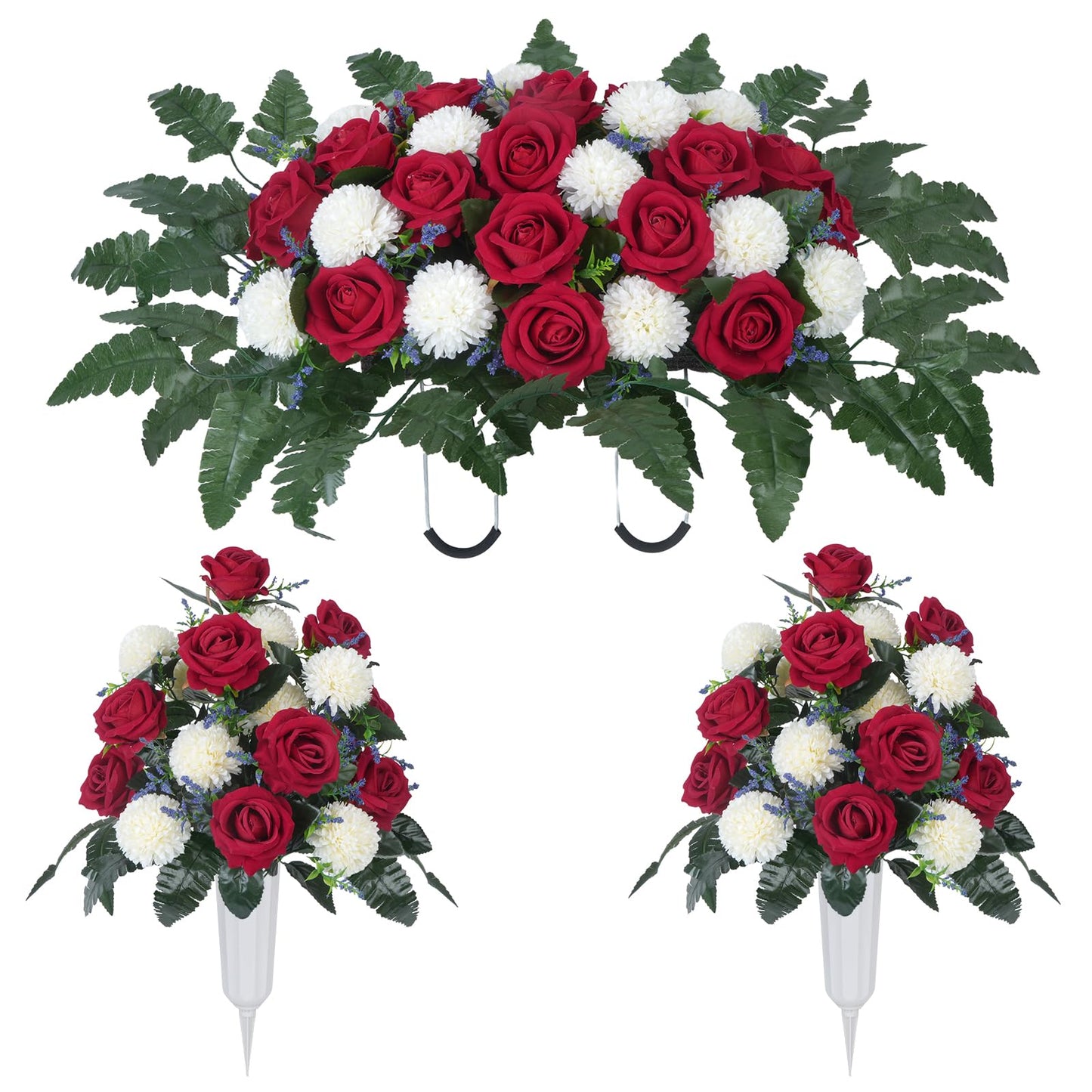 Luabue Artificial Cemetery Flower Headstone Flower Saddle 2 Chrysanthemum Rose Bouquets with Vase Memorial Flowers Grave Saddles for Headstone Outdoor Grave Tombstone Decor (Red White)