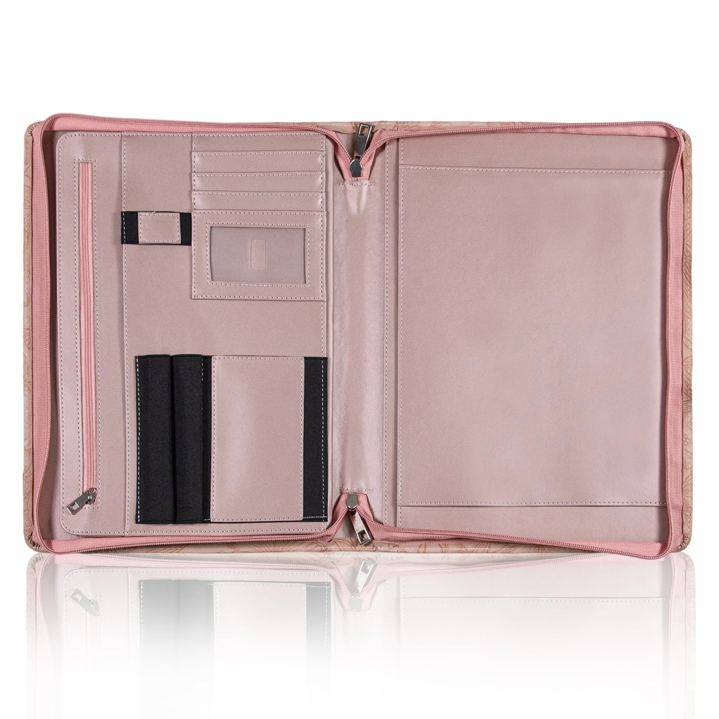 Generic Zippered Leather Padfolio Portfolio with Hidden Handle and Clipboard, Business Conference Organizer Notepad Folder, Portfolio Bag, Padfolio for Women/Men (Pink)