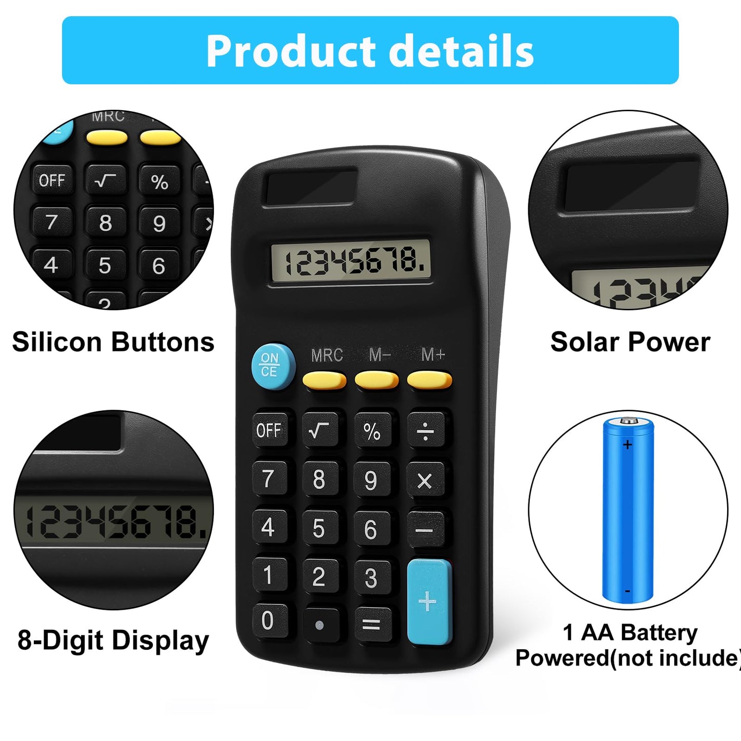 30 Pack Solar Powered Pocket Calculator for Students Classroom Supplies,Small Mini Calculator for Kids School Home Office(Black)