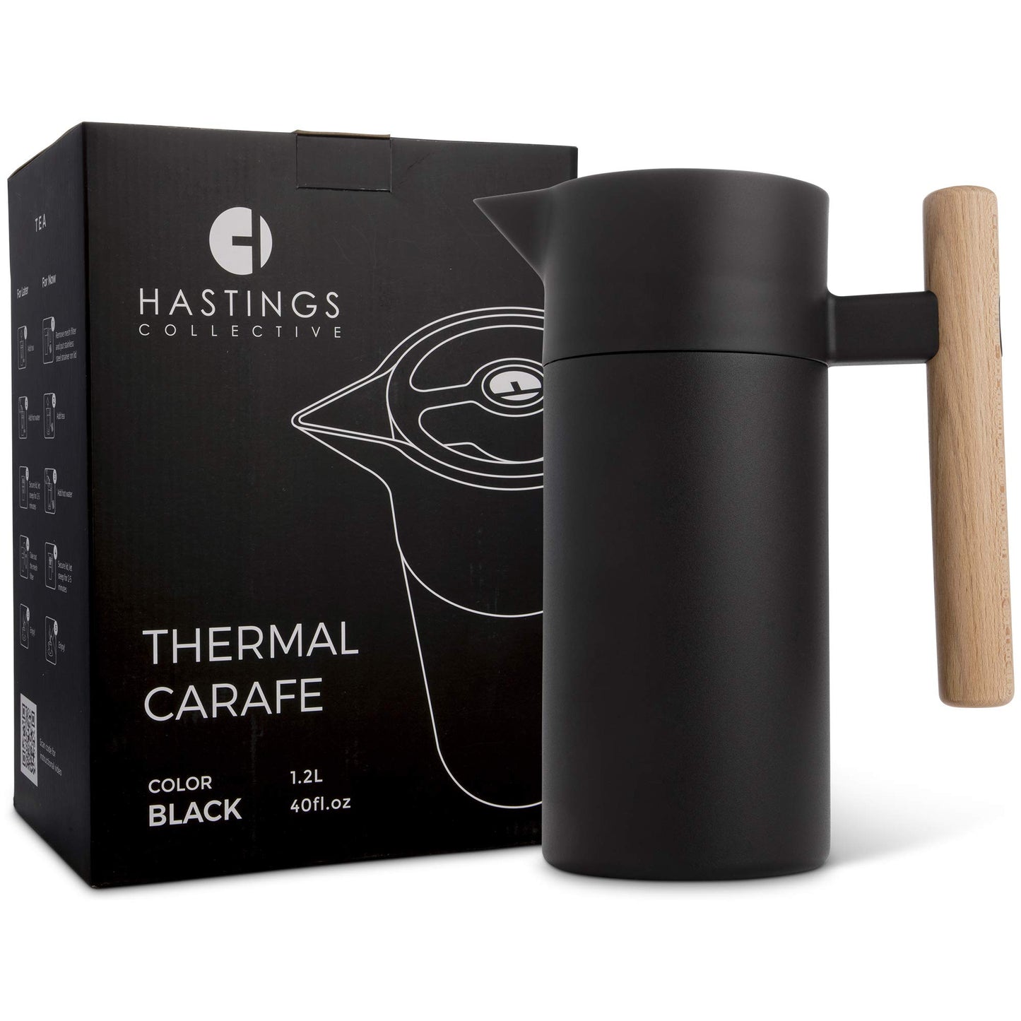 Hastings Collective Thermal Coffee Carafe 40 Oz - Stainless Steel Double Walled Vacuum Insulated Carafe - 1 Liter Thermal Coffee Pot Thermos, Travel Size Beverage Dispenser with Tea Infuser (Black)