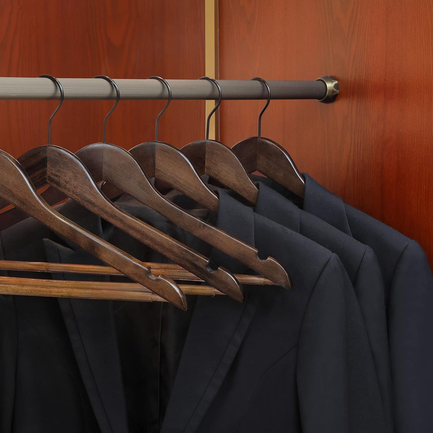 TOPIA HANGER Heavy Duty Wood Coat Hangers in Smooth Retro Finish, Boutique Quality Wooden Suit Hangers-Non-Slip Rubber Pants Bar and Smoothly Cut Notches-360° Rotating Black Hook-30 Pack, CT04A30