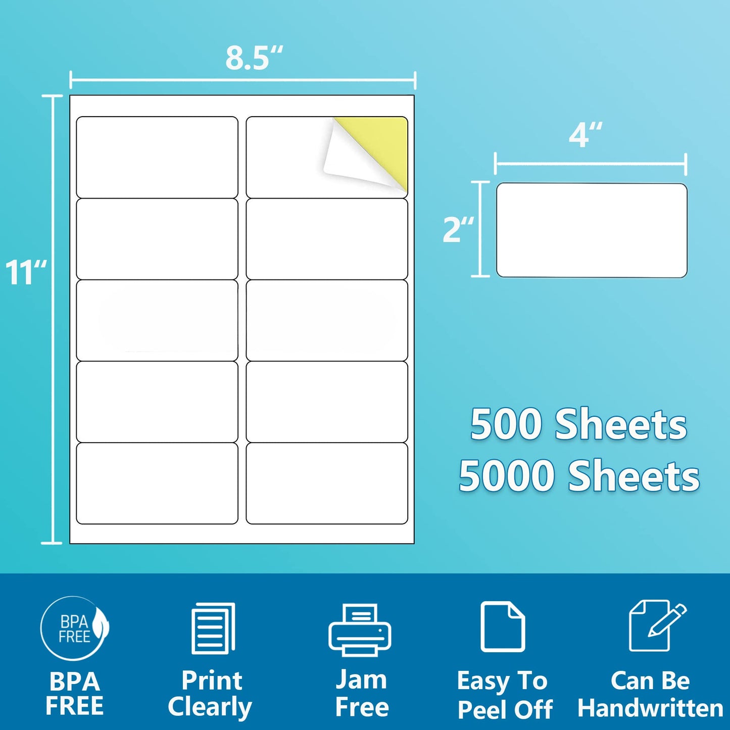 Hoklapaper 2" x 4" Shipping Labels,Printable White Mailing Labels for Laser/Inkjet Printer,Permanent Adhesive Sticker Labels(500 Sheets,5000 Labels)