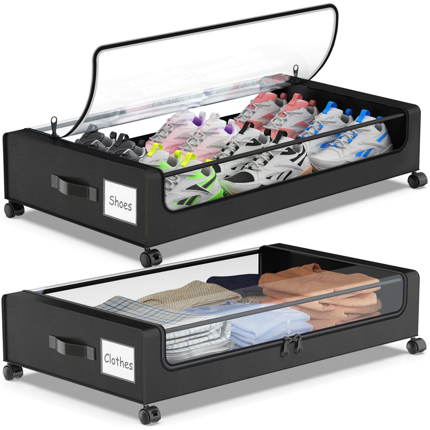 Molutsody Under Bed Storage with Wheels, 2-Pack Underbed Storage Containers with Clear Lids, Under Bed Shoe Storage Organizer, Rolling Under the Bed Storage Bins for Clothes Shoes Blankets (Black)