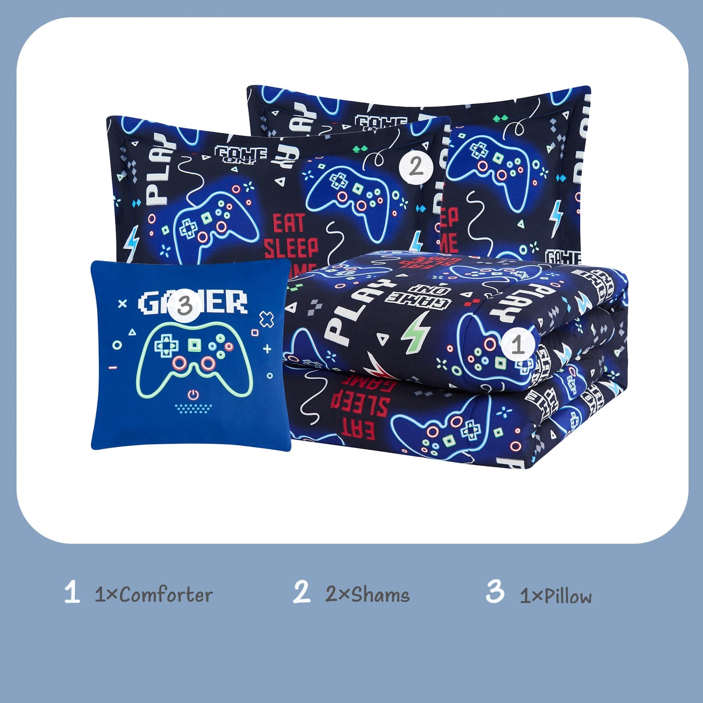 Kaleido Space Kids Comforter Set Full Size for Boys, Glow in The Dark Gamer Bedding Set 1 Comforter, 1 Decor Pillow, 2 Pillow Shams