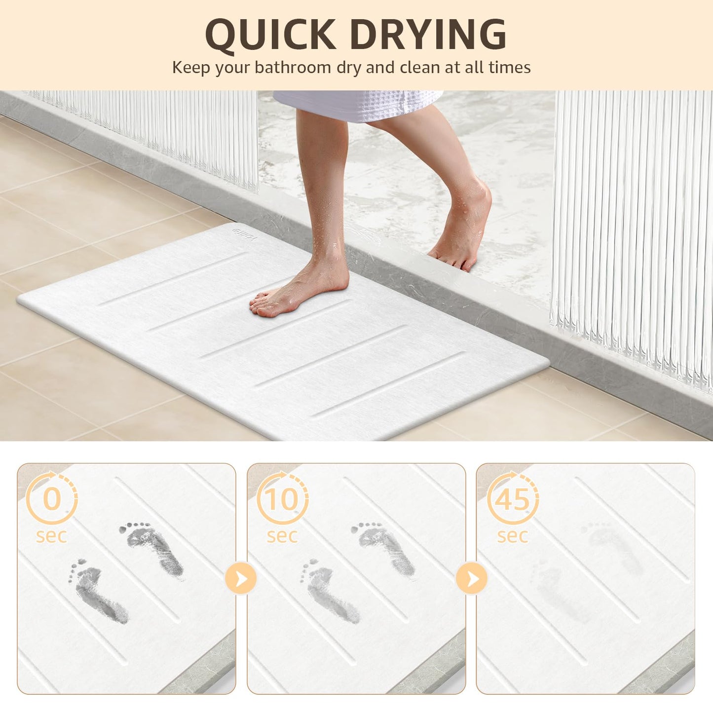 Yolife Stone Bath Mat Large, 32" x 20" Diatomaceous Earth Bath Mat for Bathroom, Super Absorbent Quick Drying Bathroom Stone Mat, Non-Slip Diatomite Shower Mat, Easy to Clean (White Grey)