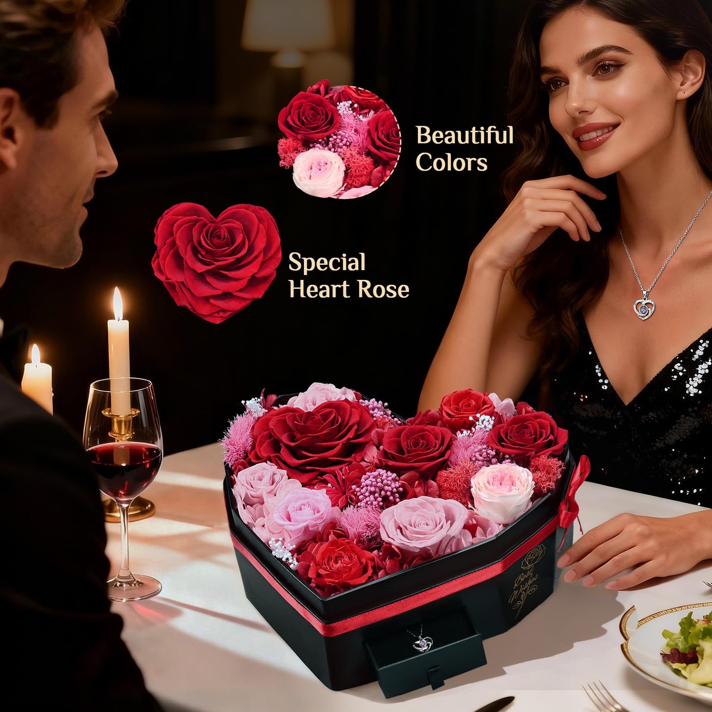 MARTINE MALL Forever Flowers for Delivery, Mothers Day Birthday Gifts for Women Mom 10 Preserved Real Roses in a Box Gifts for Girlfriend Wife Grandma Lasting Eternal Flowers with Necklace, Red