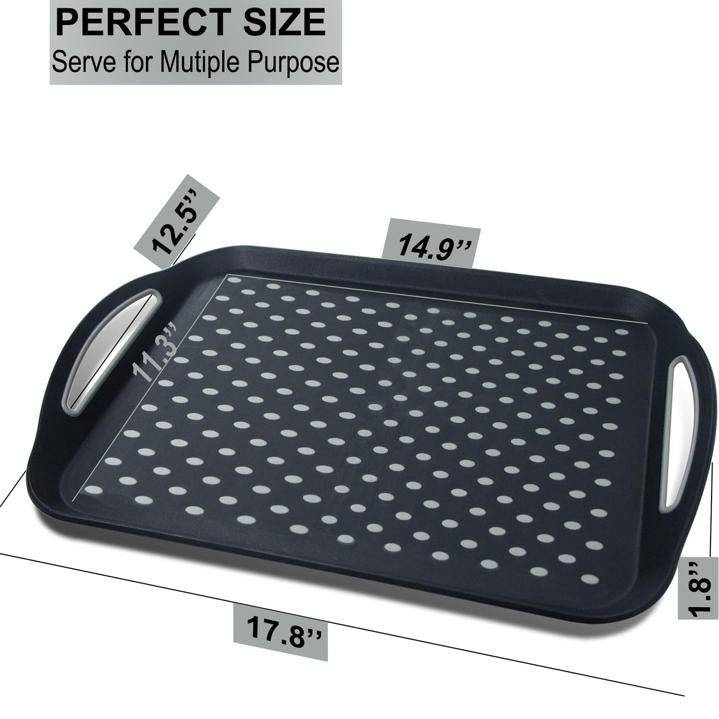 Large Nonslip Serving Tray with Handles, Silicone Grippy Dots Lap Food Trays for Eating, Dishwasher Safe Serve for Breakfast Dinner Snack Fruit Appetizers Beverage, Rectangular, Set of 2, Black