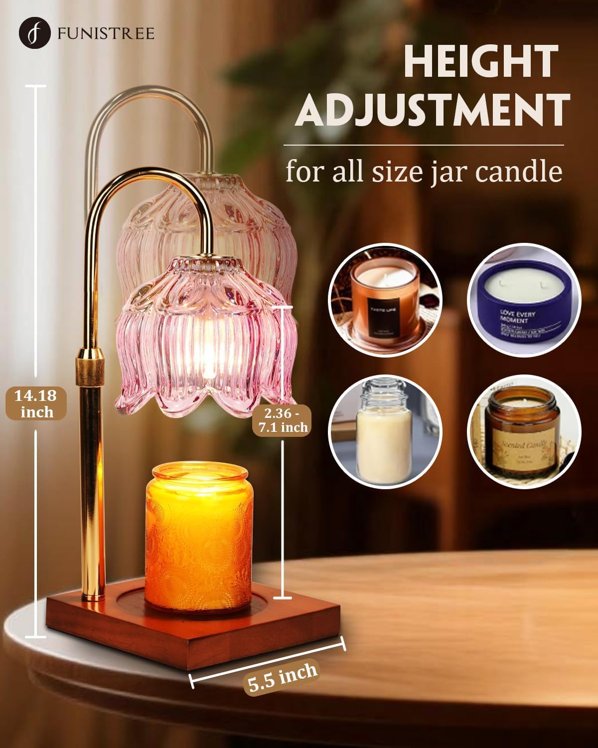 Pink Candle Warmer Lamp with Timer & Dimmer, Candle Lamp Warmer Adjustable Height, Mothers Day Birthday Gifts for Women Mom, House Warming New Home Bedroom Decor, Flower Wax Warmer for Jar Candle