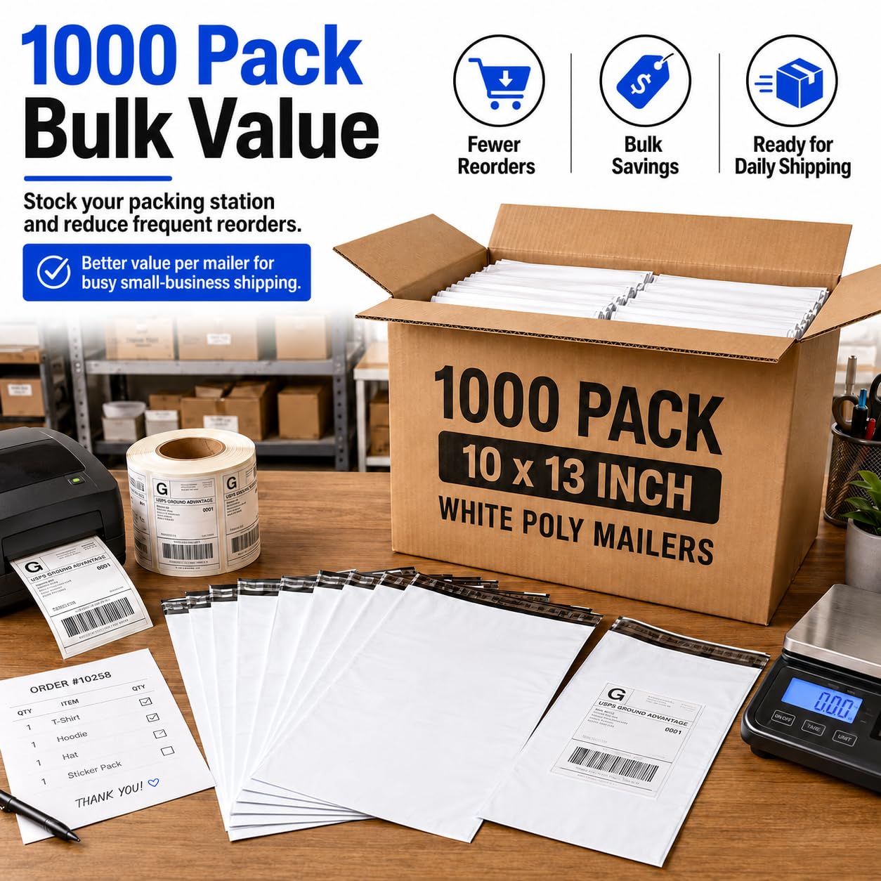 Fuxury Poly Mailers 10x13 Inch 1000 Pack, Bulk Shipping Bags for Clothes, Strong Adhesive Self Seal Water Resistant Mailing Envelopes for Small Business, Boutique & Online Sellers,White