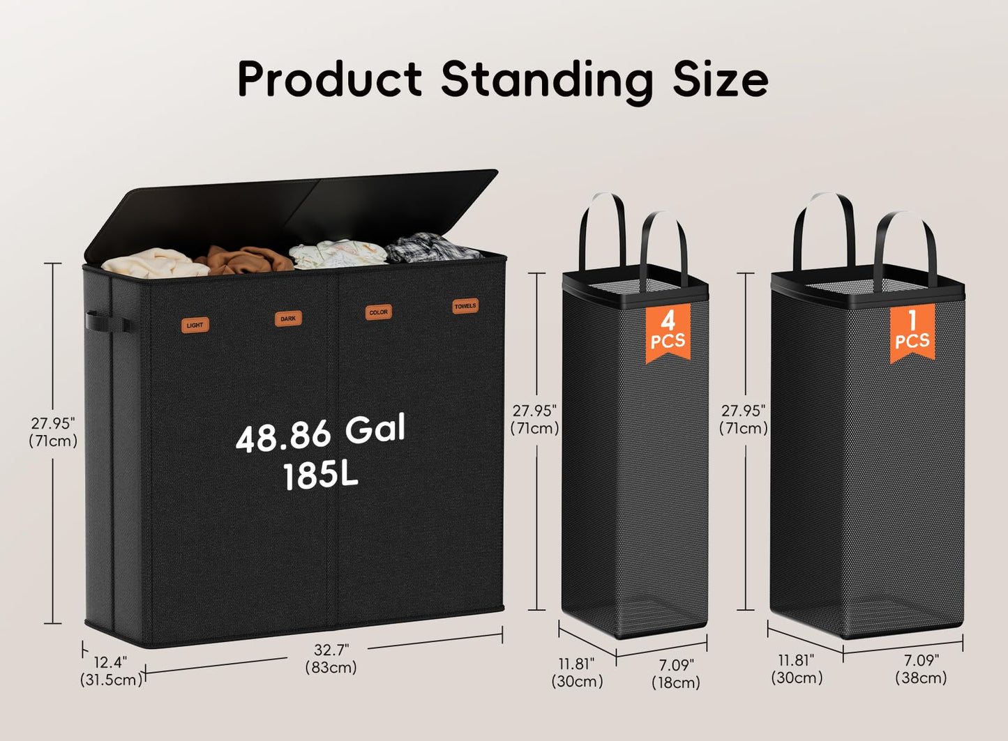 Vexalora Laundry Hamper 4-Section with Lid, 185L Laundry Sorter with 4 Removable Bags + 1 Extra Large Bag, Switchable 3/4 Compartment, Laundry Basket Organizer for Bedroom, Laundry Room，Black