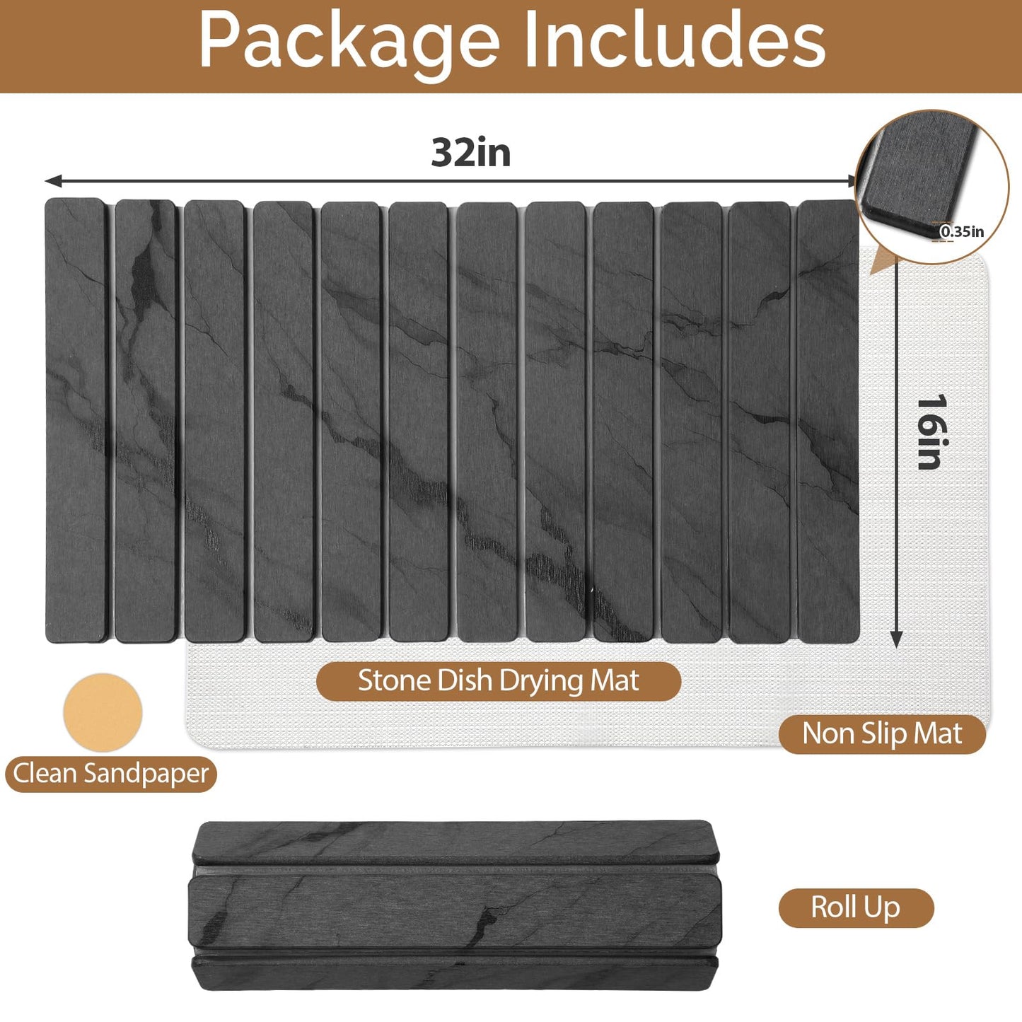 Extra Large Stone Dish Drying Mat for Kitchen Counter, Quick Dry Stone Dishes Mats, Foldable Water Absorbing Diatomaceous Drying Pad for Countertop Bottles Utensils Cups Bathroom(Dark Gray 32"×16"）