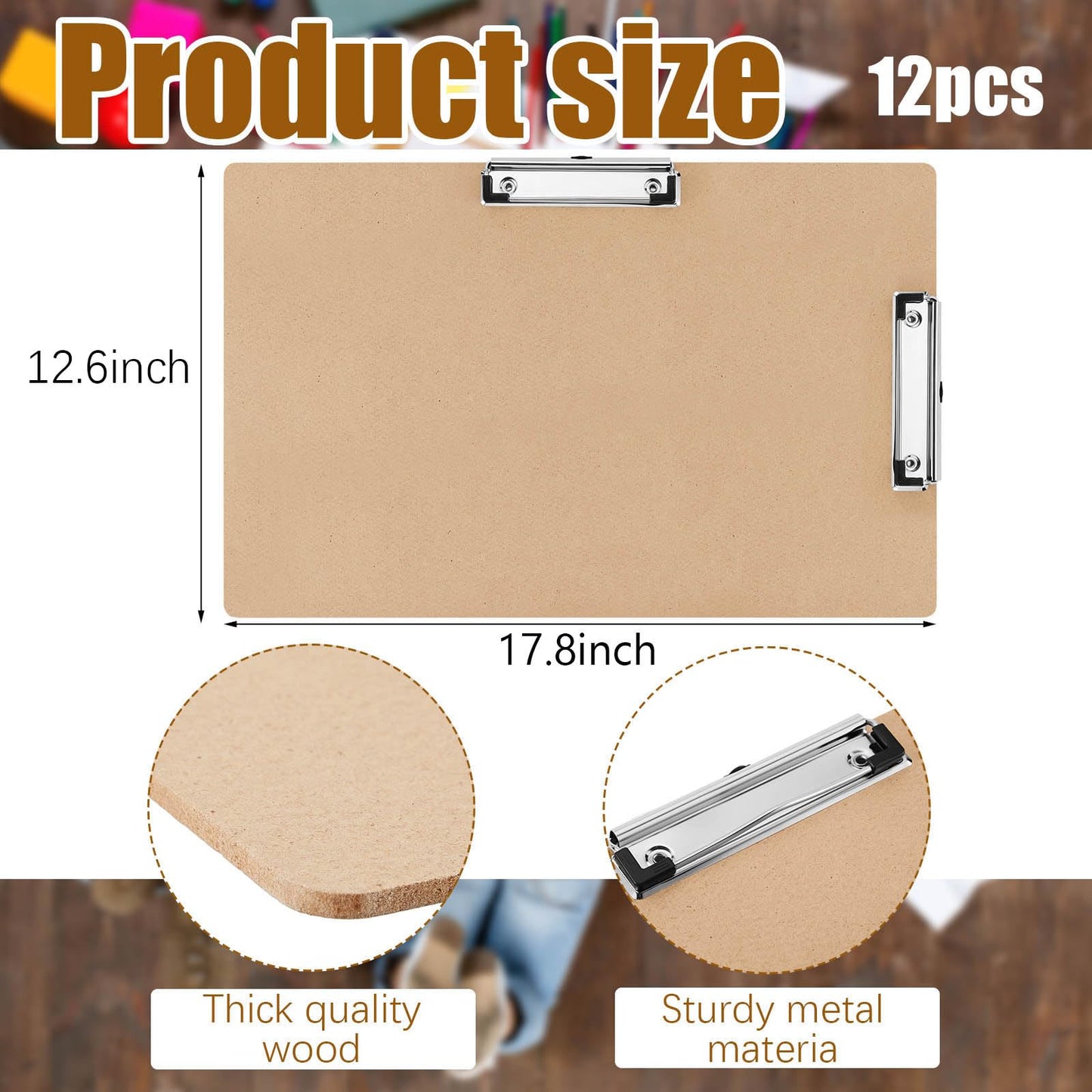 Henoyso 12 Pcs 11 x 17 Clipboards Wooden Lap Boards with Low Profile Clip Double Clip, Extra Large Landscape Hardboard Drawing Boards Horizontal Brown Clipboard for Drafting Board & Sketch Board Use