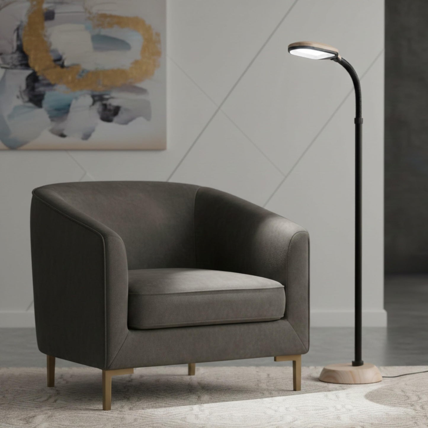 Bedford Home Floor Lamp - Full Spectrum Natural Sunlight Lamp with Bendable Neck - Reading, Craft, and Esthetician Light (Light Woodgrain)