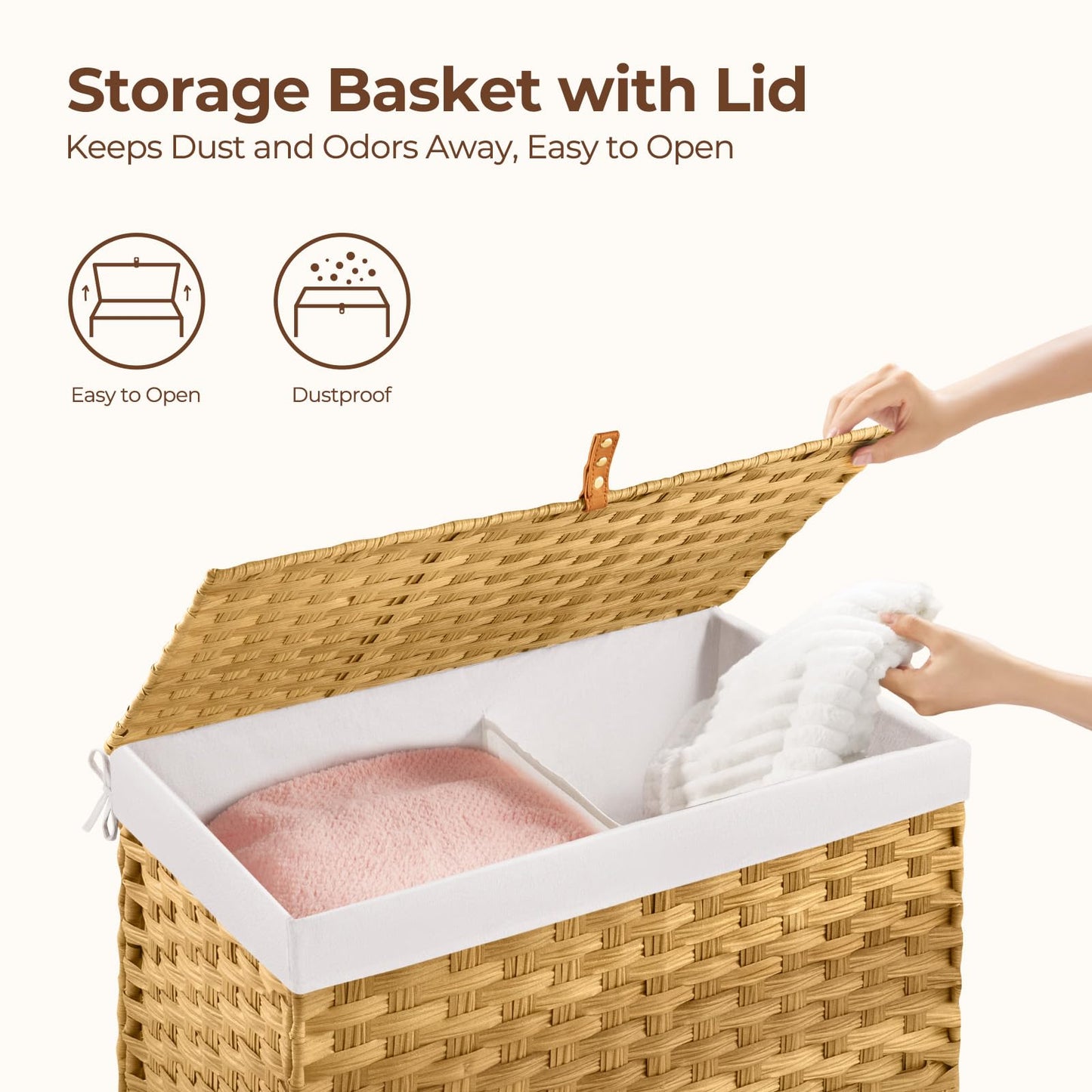 GREENSTELL Storage Basket with Lid, 17.2 Gallon(65L) Small Wicker Blanket Storage Basket with Handles, Foldable, 2 Removable Liner Bags, Metal Frame, for Bedroom, Laundry Room, Natural