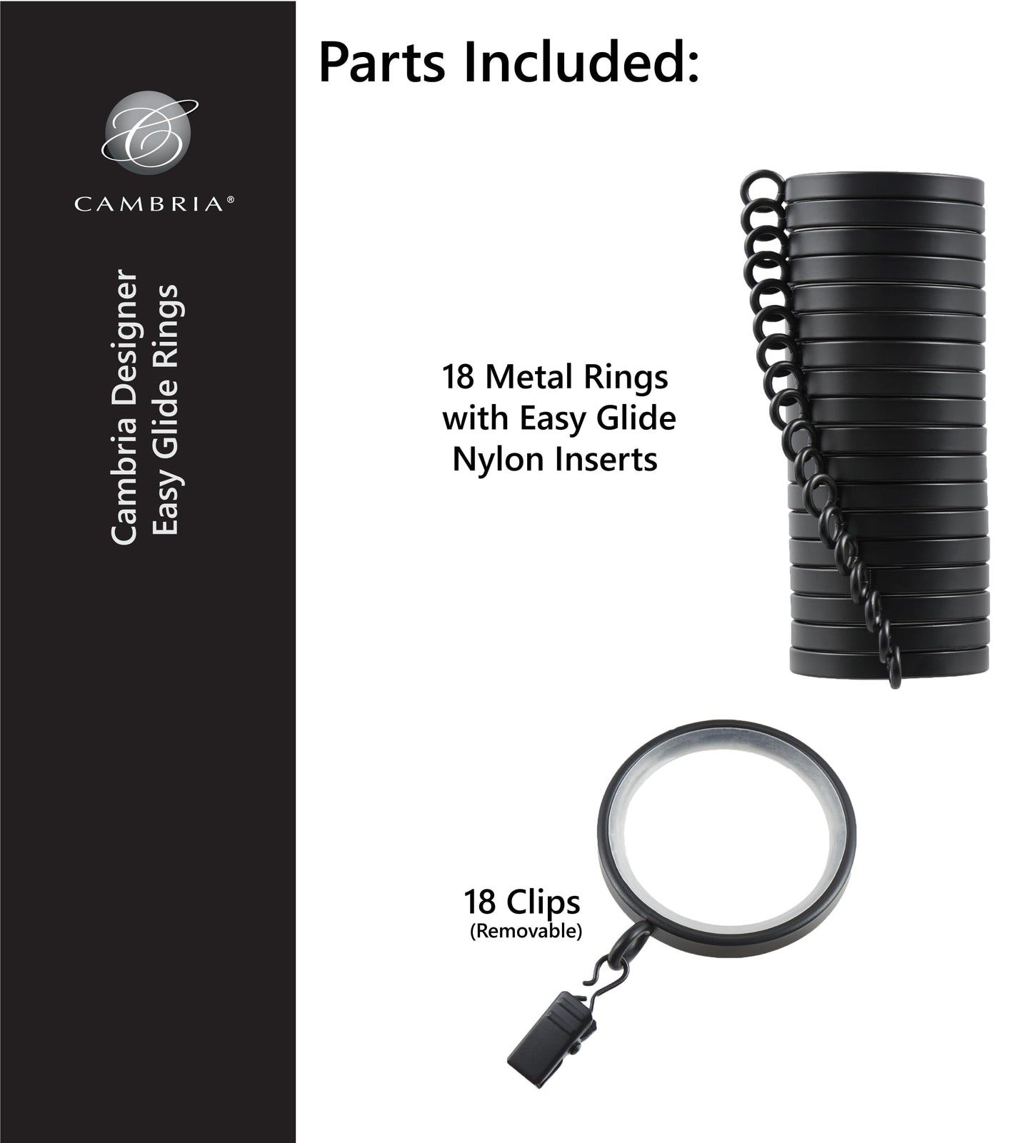 MODE Cambria Designer Series - Premium Easy Glide 18 Count Curtain Rings - Metal with Smooth, Quiet Nylon Inserts with Clips - 2 inch Diameter (1-5/8 inch Inside Diameter) - Brushed Gold