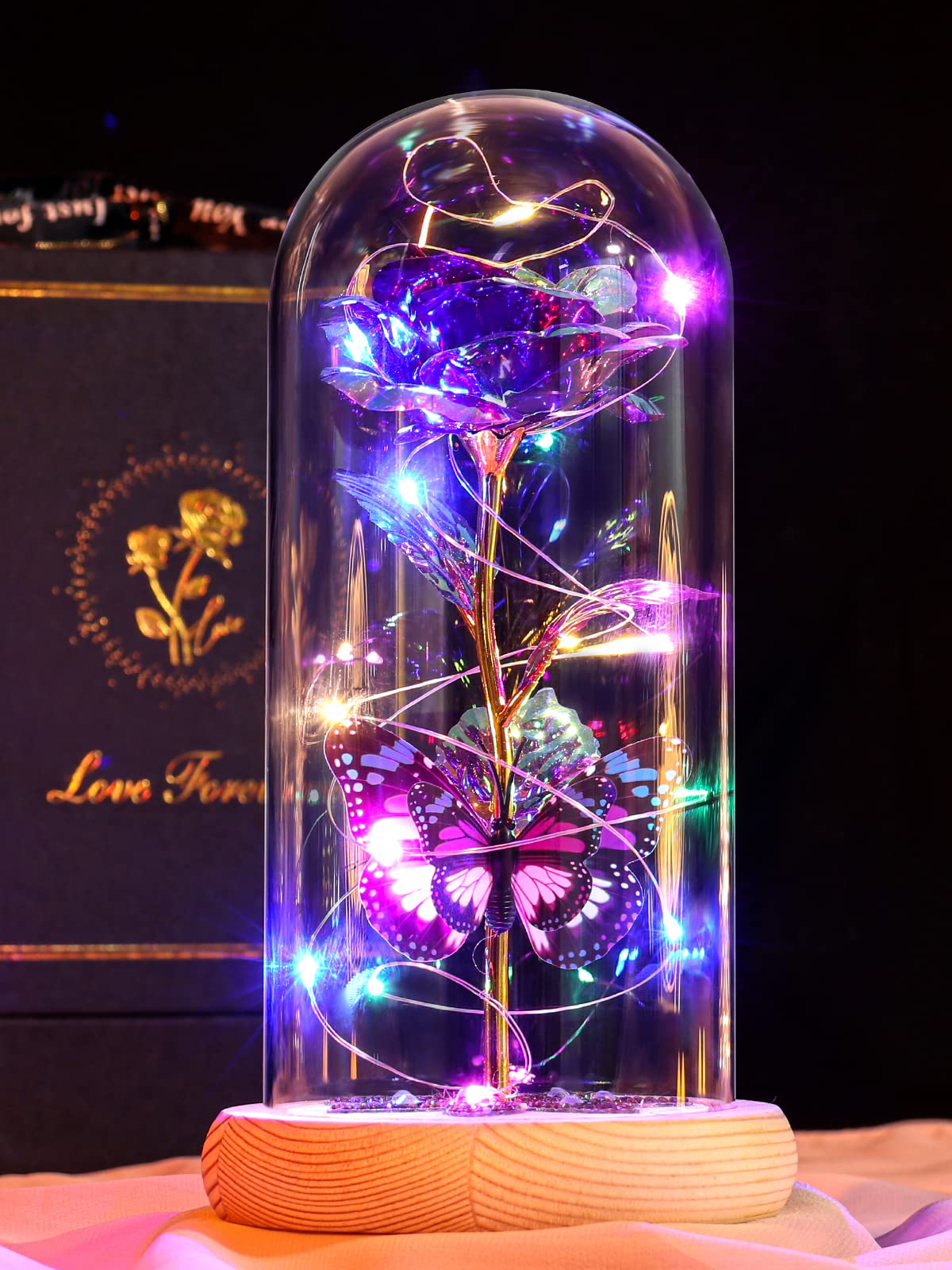 Beferr Birthday Gifts for Women Galaxy Glass Rose Forever Preserved Flowers for Delivery Light Up Rose in Glass Dome Mothers Day Butterfly Gifts for Mom Wife Grandma Her Daughter Girlfriend