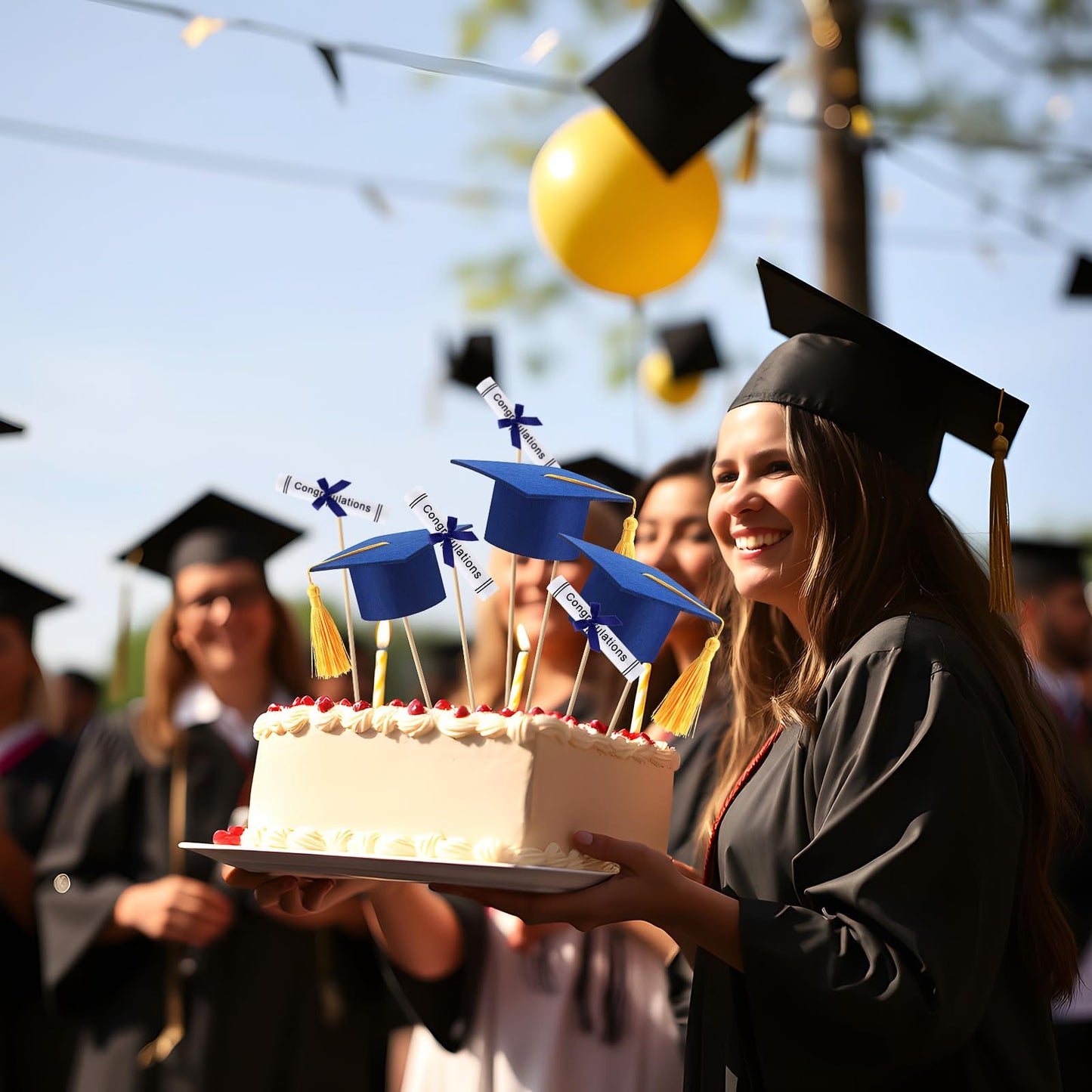 Breling 12 Pcs Blue and Gold Graduation Centerpiece Sticks Felt Graduation Scroll Diploma and Grad Cap with Tassel Decor 2026 Table Toppers Centerpiece Party Supplies for Grad Party Decorations