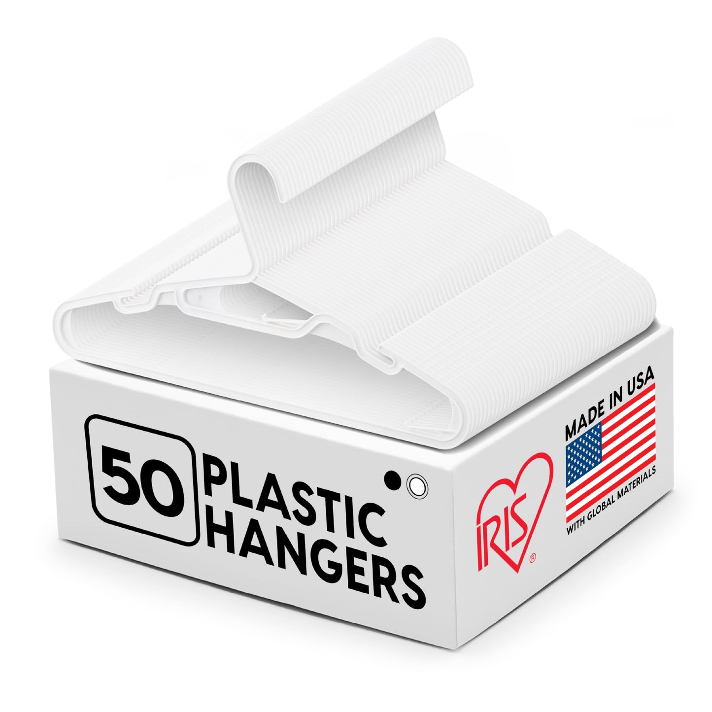 IRIS USA Lightweight Flexible Hangers 50 Pack, Made in USA, Plastic Clothes Hangers with Shoulder Grooves & Accessory Hooks, Dorm Apartment Essentials, Adult Hangers for Light Shirts, White