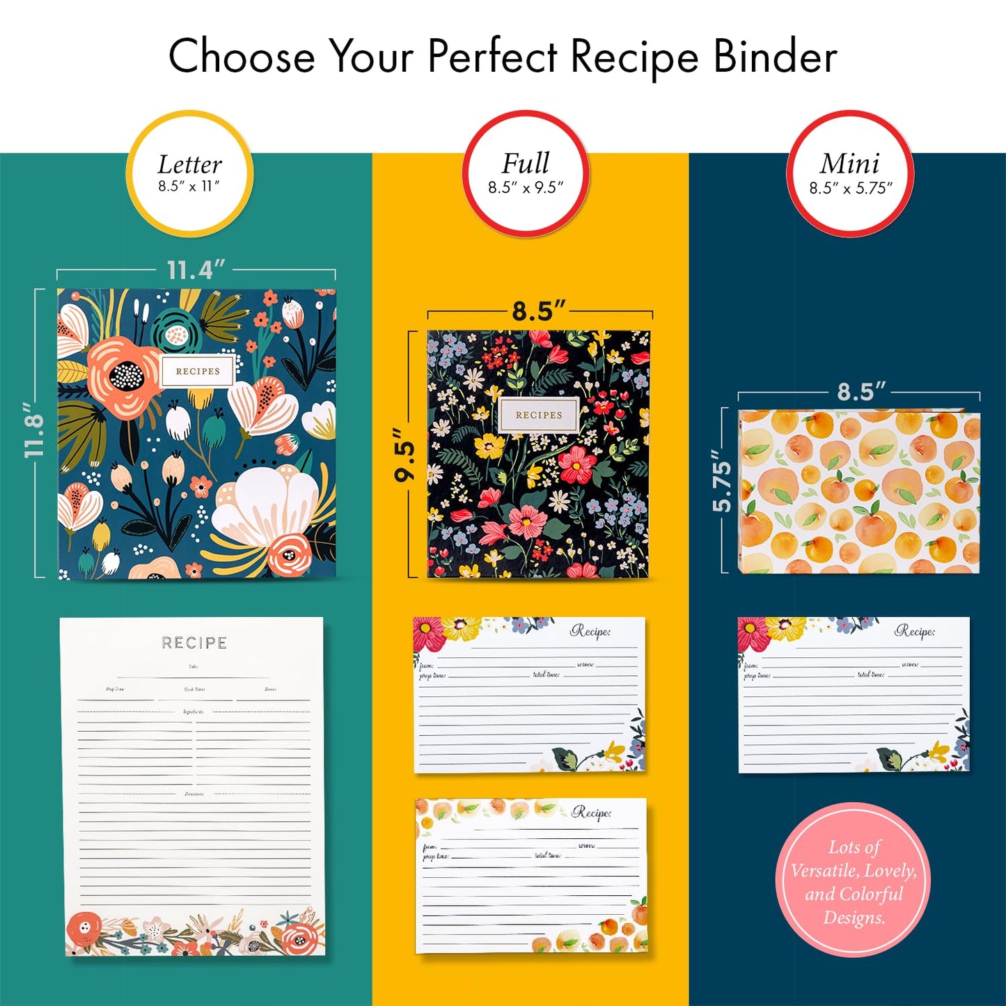 Jot & Mark 8.5" x 11" Sturdy 3 Ring Recipe Binder with Spill-Proof Clear Binder Sleeves Sheet Protector, 30 Dual-Sided Recipe Card Pages for Written & Printed Recipes, Tabbed Dividers, Garden Floral
