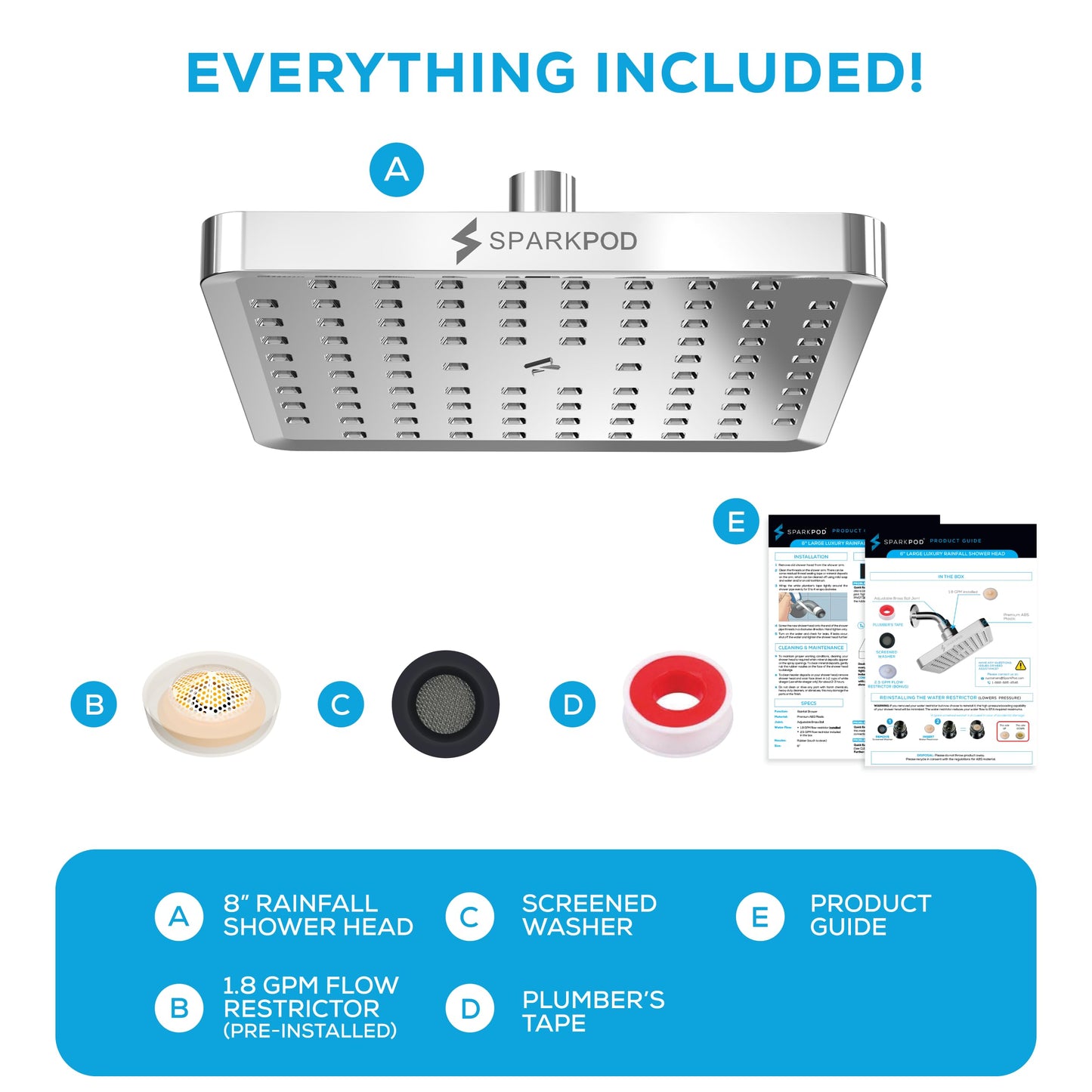 SparkPod Shower Head - High Pressure Rain - Premium Quality Luxury Design - Easy Clean Adjustable Replacement for Your Bathroom Shower Heads (Polished Chrome Finish, 8 Inch Square)
