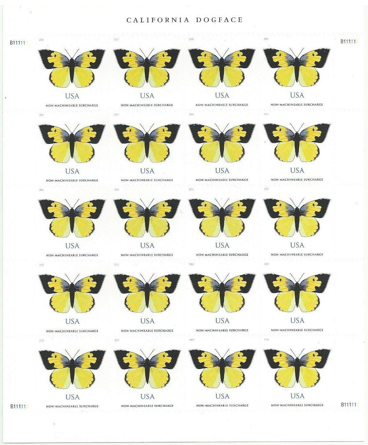 USPS California Dogface Butterfly (Sheet of 20) Non-Machineable for Square Envelopes Postage Stamps 2019 Scott #5346