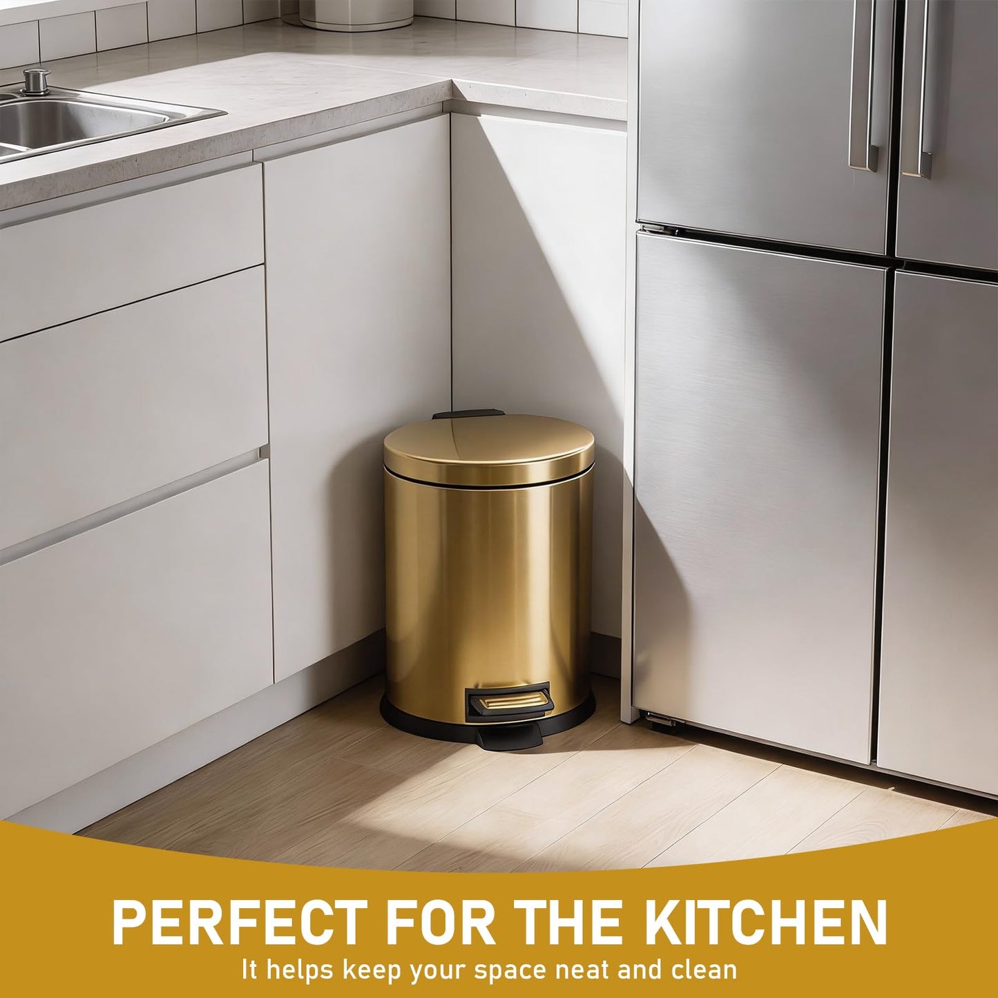 SIMPLYKLEEN Bathroom Trash Can with Lid - 2PC 1.3 Gallon/ 5L Oval Small Trash Can with Soft-Close Lid, Foot Pedal, Brushed Stainless Steel, Removable Liner, Garbage can for Kitchen, Office, Home Gold
