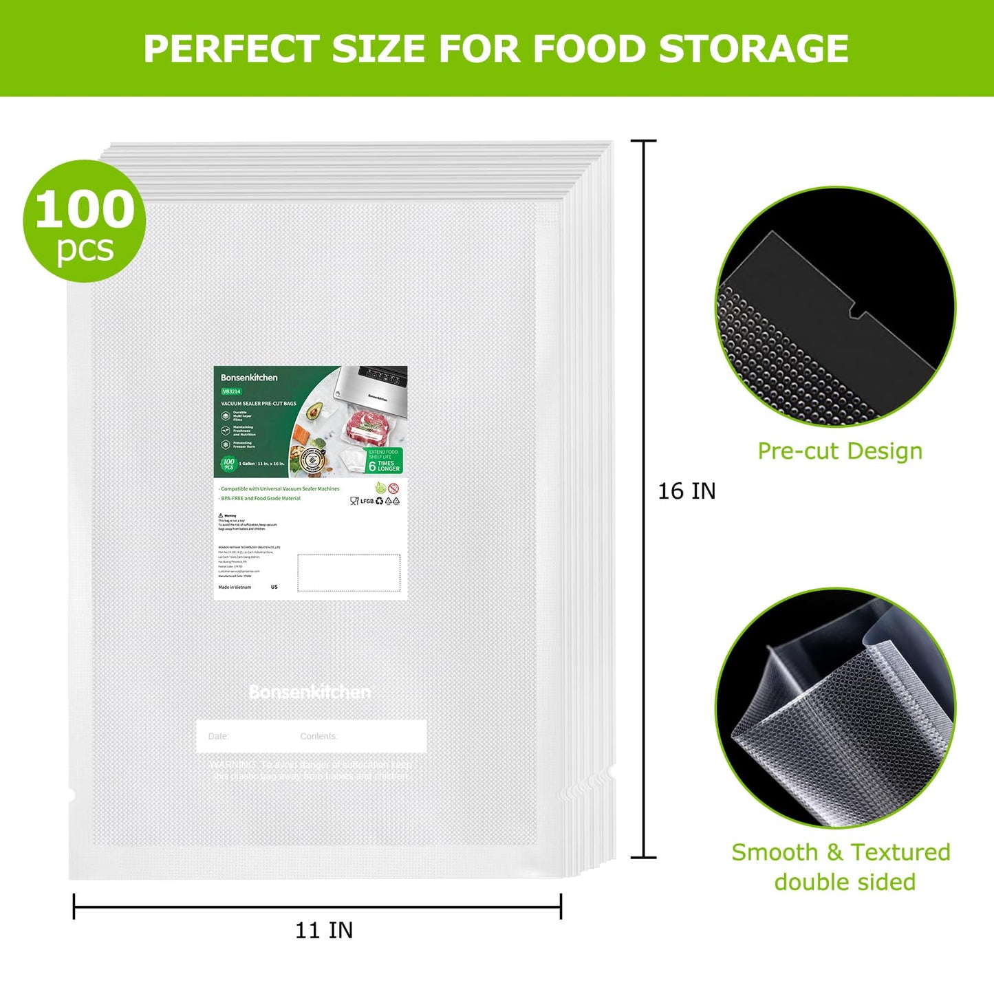 Bonsenkitchen Precut Vacuum Sealer Bags, 100 Gallon 11" x 16" Food Sealer Bags, Food Grade, BPA Free, Heavy Duty, Customized Vacuum Bags for Vac Storage, Meal Prep or Sous Vide Cooking, VB3214