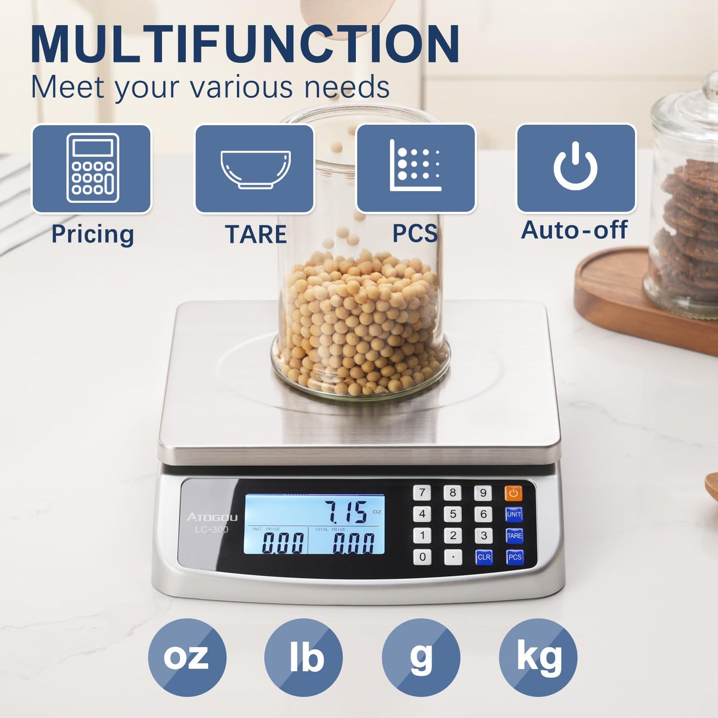 110lb Food Scale, Commercial Kitchen Scale with Price Computing, Plug-in Usable, 0.05oz/1g, 304 Stainless Steel, for Cooking, Vegetables, Farm, Industry, Counting. LC300 Silver