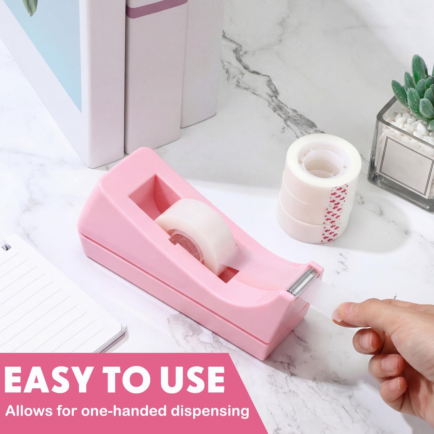 Yahenda 10 Pack Pink Desktop Tape Dispenser Non Skid Base with 0.7 x 985 Inches Invisible Tape Refills Bulk Weighted Roll Dispenser for Office Home School