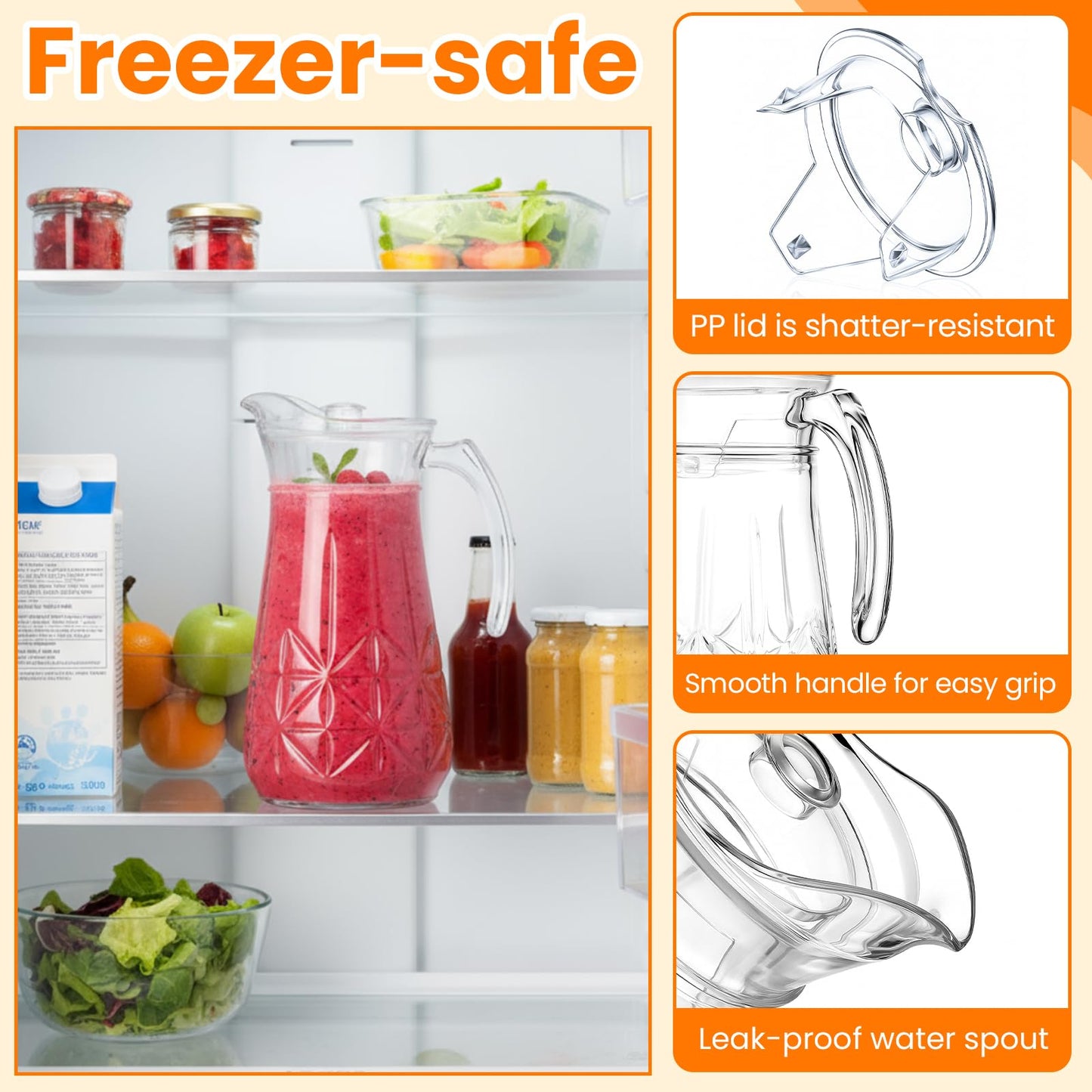 LemonRoad 7 Pcs Glasses Pitcher Drinkware Set 54oz Pitcher Carafe and 6 Tall Drinking Beverage Set, Jug with Lid and Spout for Juice, Iced Tea or Water(Crystle Style)