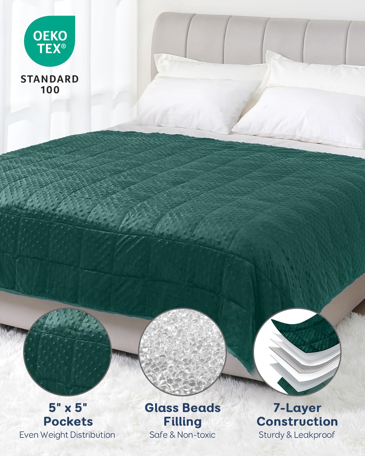 Kivik Cooling Weighted Blanket for Adults, 15 lbs Breathable Minky Dot Heavy Throw Blankets, Ultra Soft Weighted Comforter, Machine Washable, 60"x80" Queen, Dark Green
