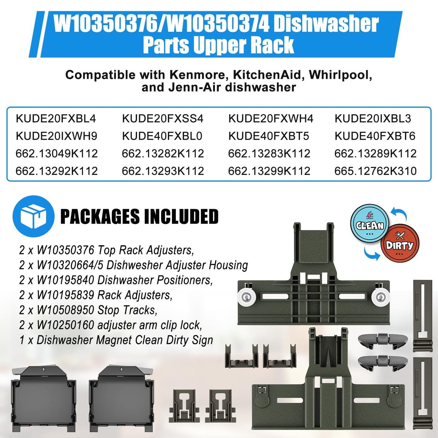 (12PCS) Upgraded W10350376 W10350374 Dishwasher Top Rack Parts & W10320664 W10320665 Dishwasher Adjuster Housing for Kenmore/Kitchenaid Dishwasher Upper Rack Parts W10195840,KUDE20FXSS4 Rack Adjuster