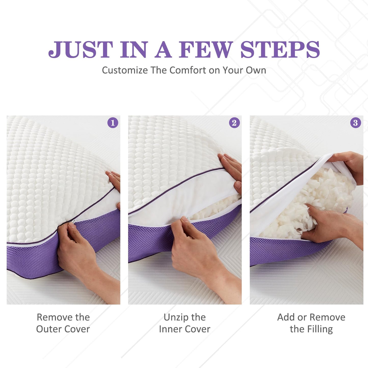 HOMELAB Adjustable Shredded Memory Foam Pillow King Size, Cooling Bed Pillow for Sleeping with Removable Cover, Medium Pillow for Side Stomach & Back Sleepers, 1 Pack 20"x34"