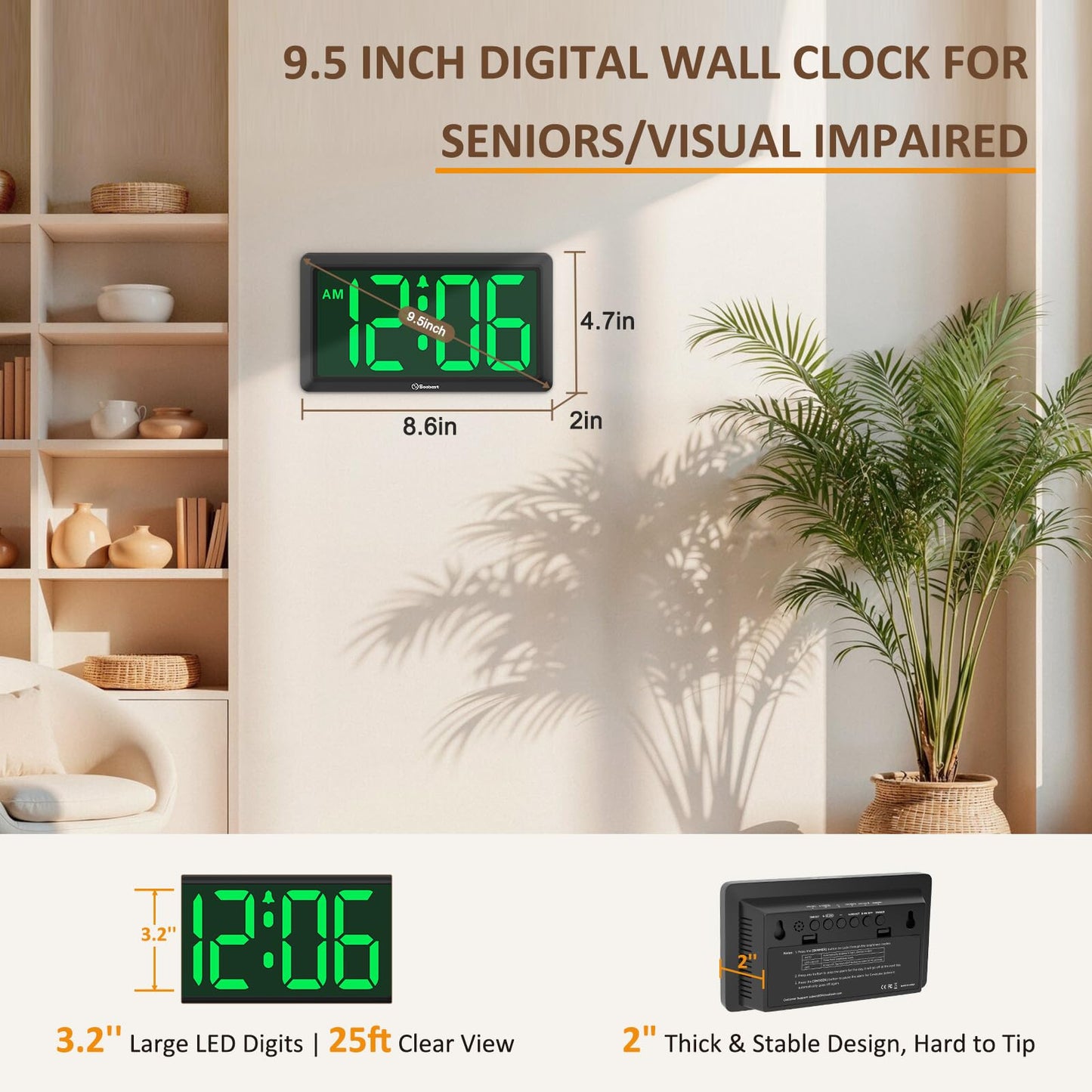 Soobest 9.5 Inch Large Digital Wall Clock Battery Operated, Auto & Manual Dimmer Display, Easy to Read Big Digits with Alarm for Seniors, Modern Decor for Living Room, Bedroom, Office (3.2" Numbers)