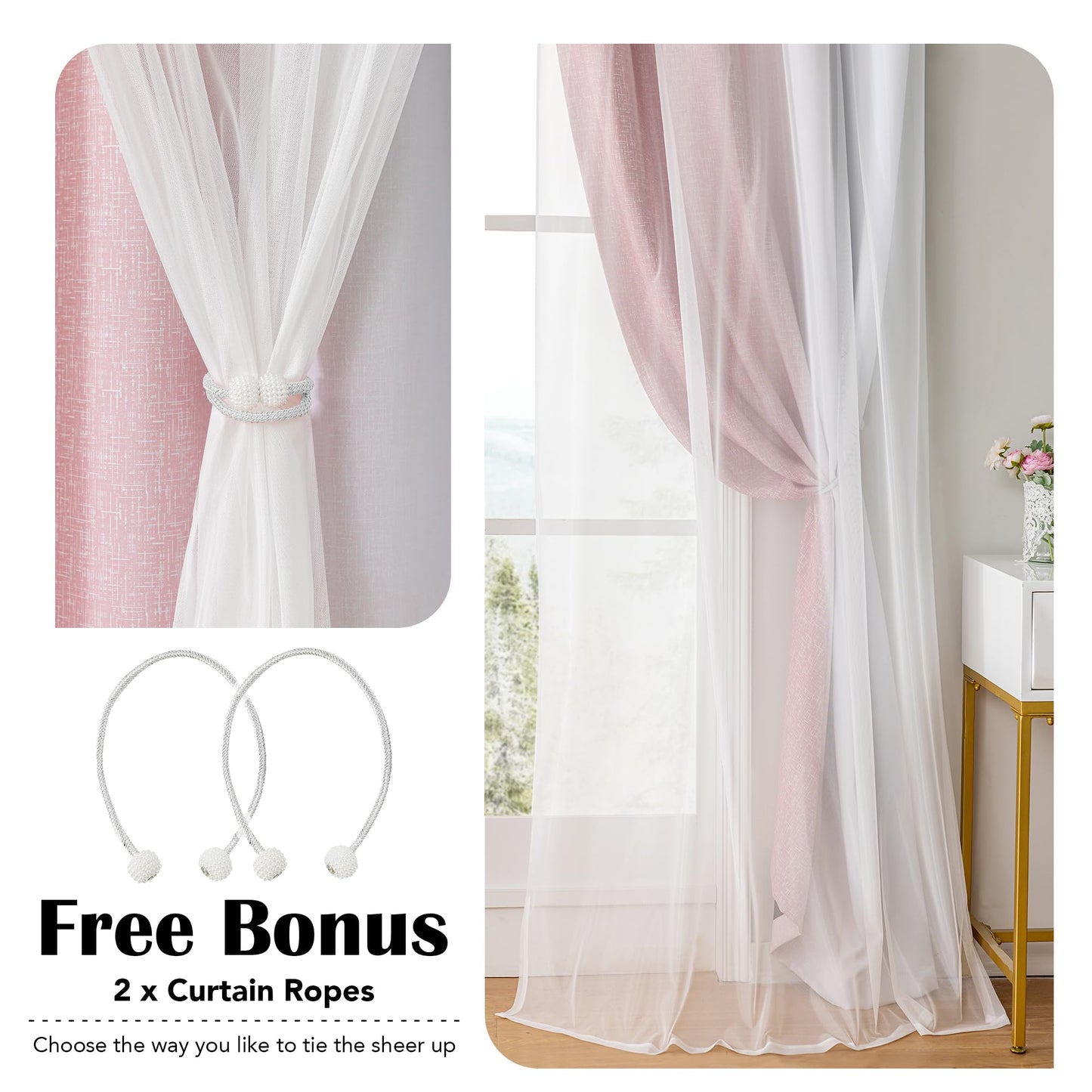 Geomoroccan Ombre 100% Blackout Curtains 84 Inches Long 2 Panels for Girls Bedroom Living Room Pink and White Double Layer Sheer Overlay Mix & Match Grommet Thermal Soundproof Drapes with Tiebacks